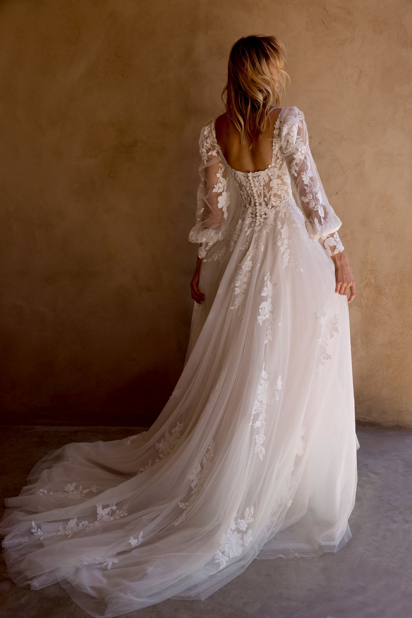 Lillian West Style 66455SL Tulle Bishop Sleeves with Floral Matte Lace Appliqués