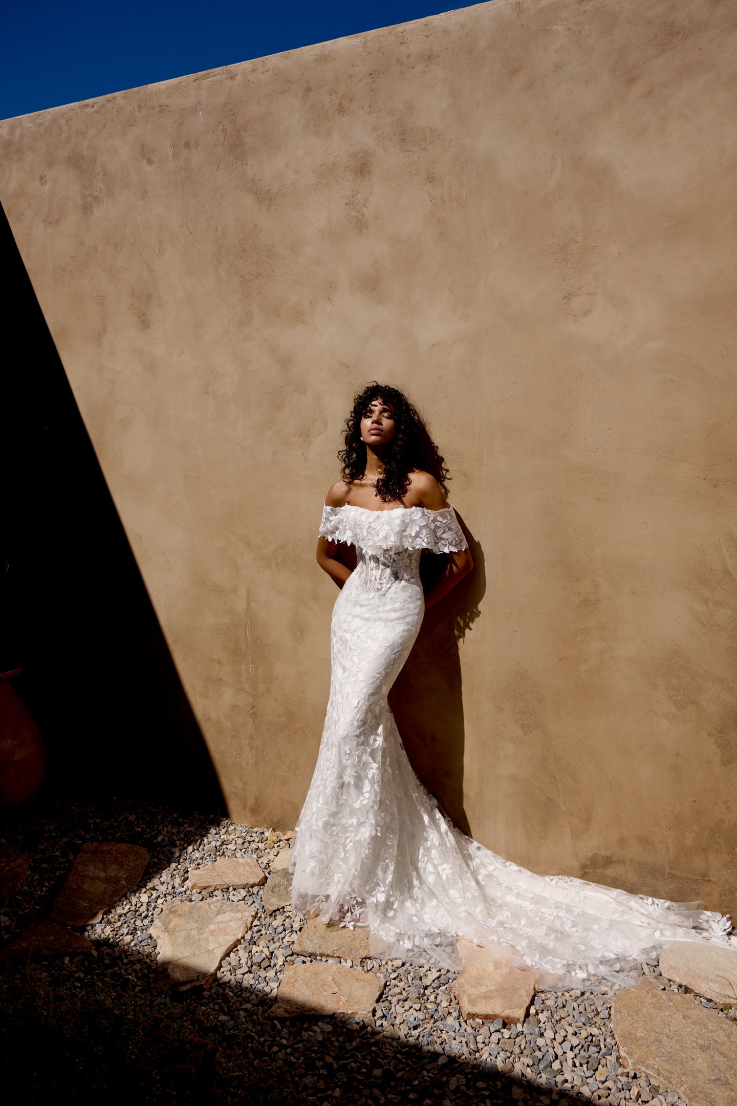 Lillian West Style 66456 Allover Lace Fit & Flare with Off-The-Shoulder Collar Neckline
