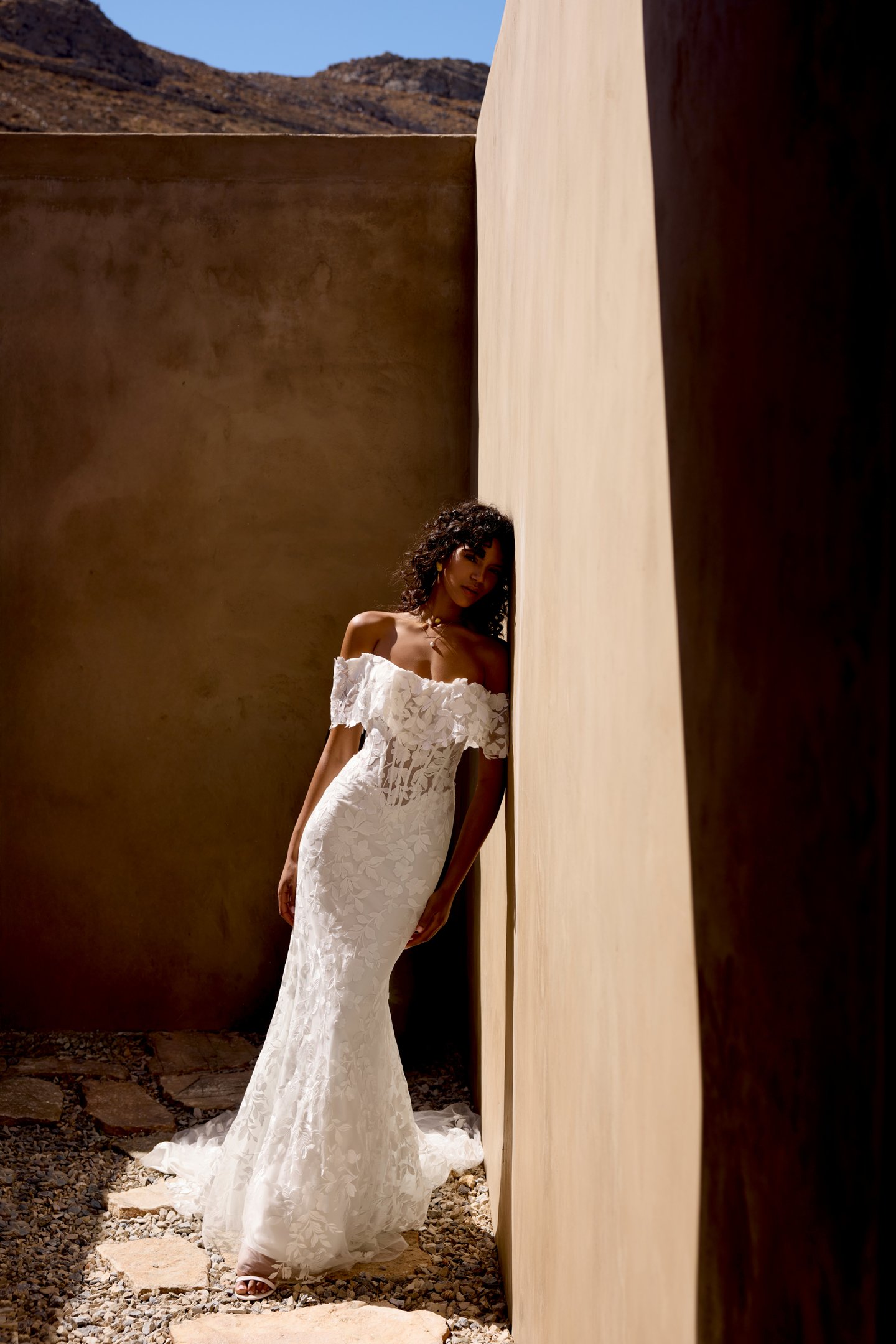 Lillian West Style 66456 Allover Lace Fit & Flare with Off-The-Shoulder Collar Neckline