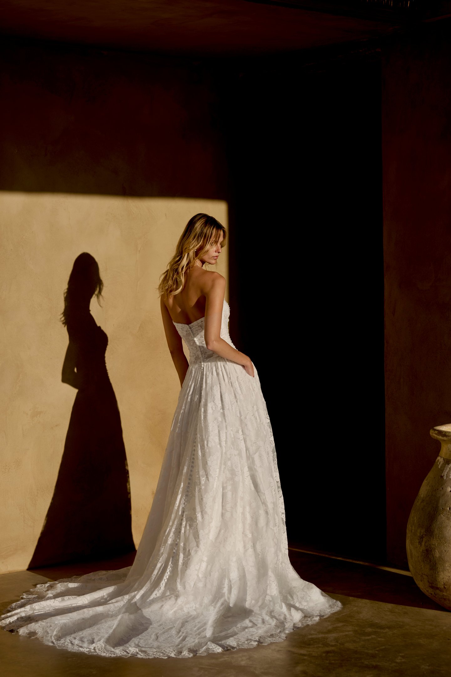 Lillian West Style 66457 Chantilly Lace A-Line Gown with Ruched Bodice and Dropped Waist