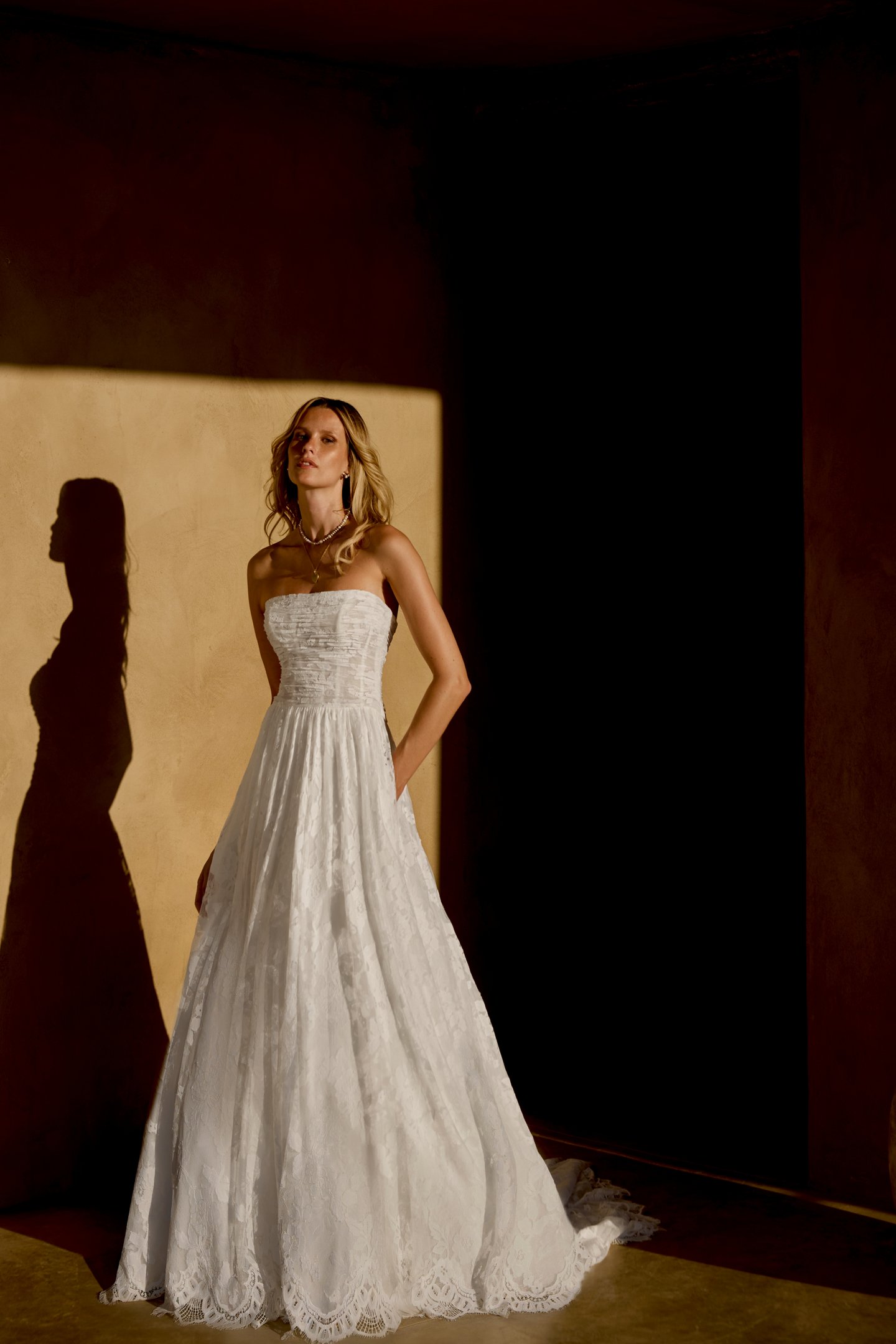 Lillian West Style 66457 Chantilly Lace A-Line Gown with Ruched Bodice and Dropped Waist