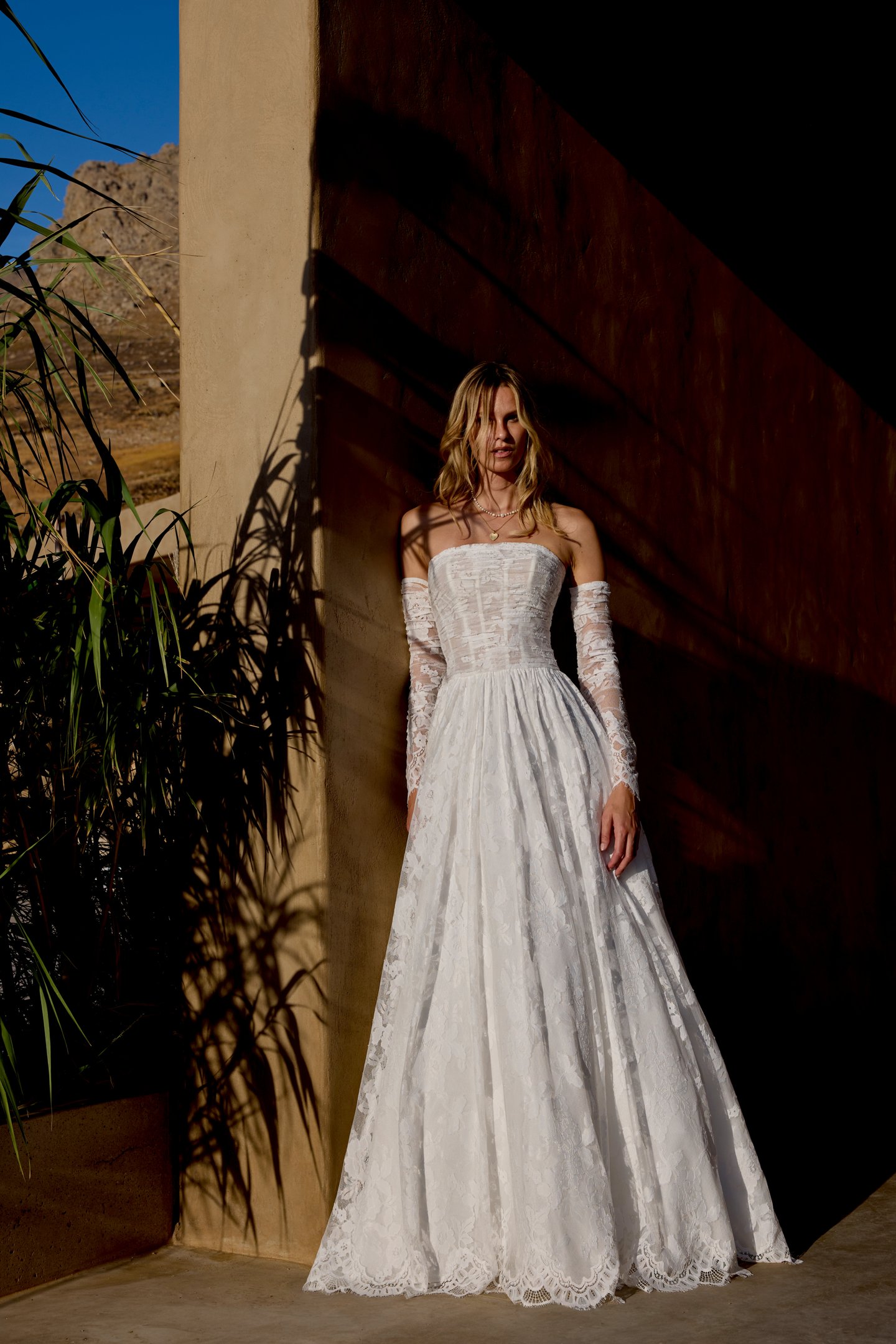 Lillian West Style 66457 Chantilly Lace A-Line Gown with Ruched Bodice and Dropped Waist