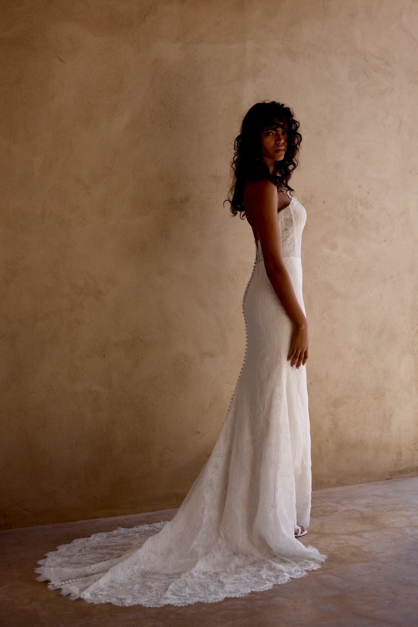 Lillian West Style 66458 Matte Chantilly Lace Fit and Flare with Halter Neckline