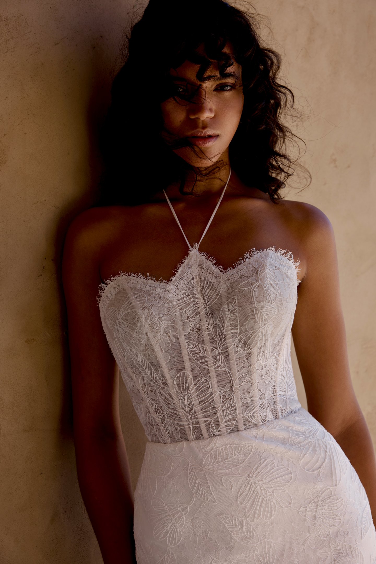 Lillian West Style 66458 Matte Chantilly Lace Fit and Flare with Halter Neckline
