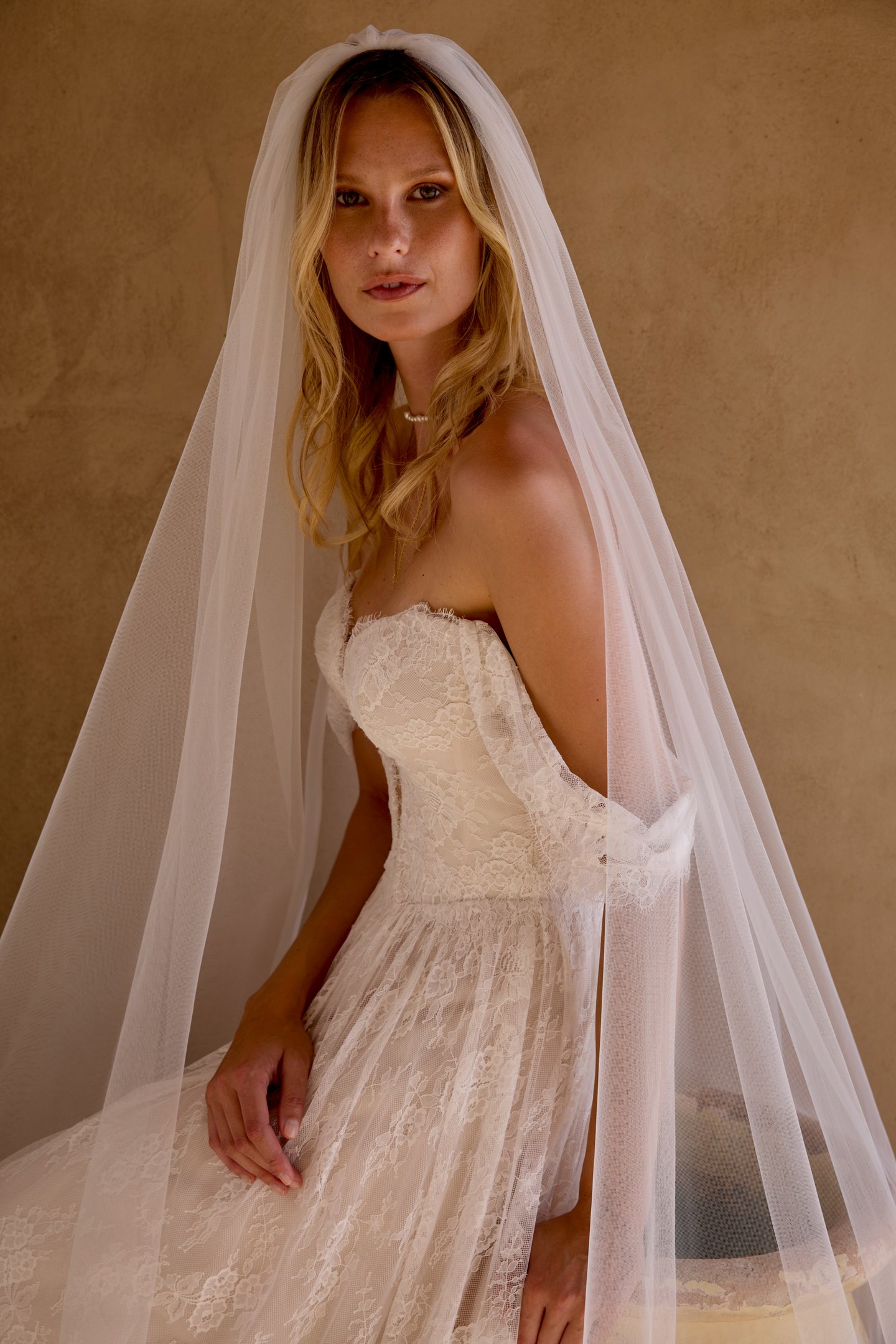 Lillian West Style 66459 Allover Matte Lace A-Line Gown with Plunging Neckline and Basque Waist