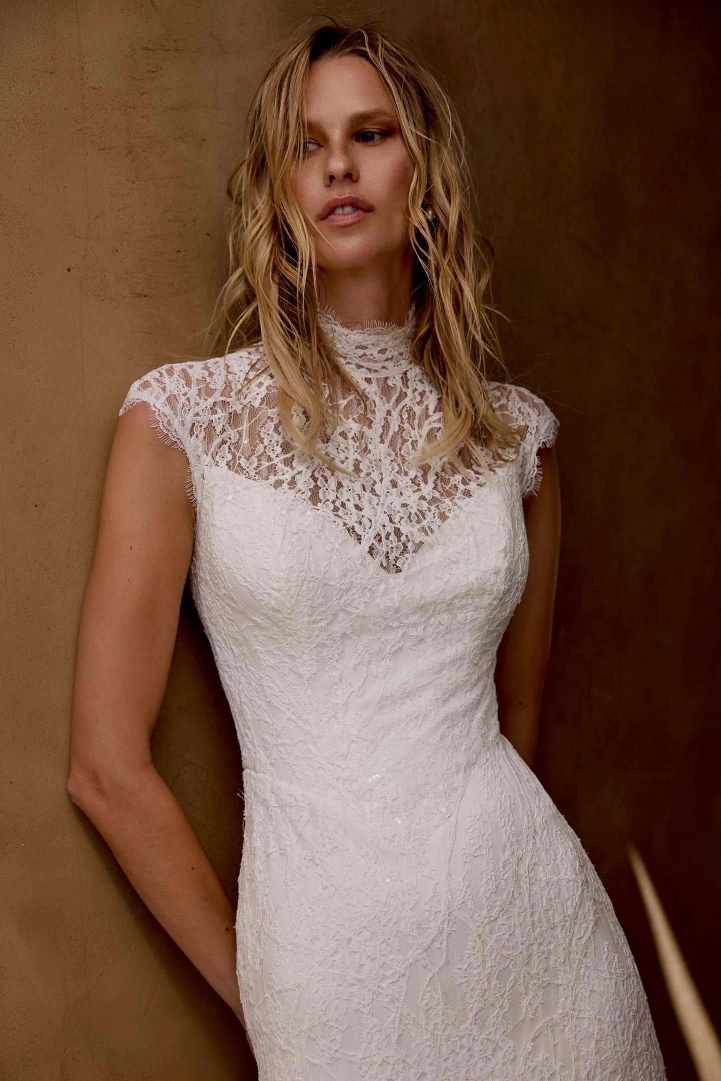 Lillian West Style 66460 Sparkling Lace Fit & Flare with High Illusion Neckline and Cap Sleeves