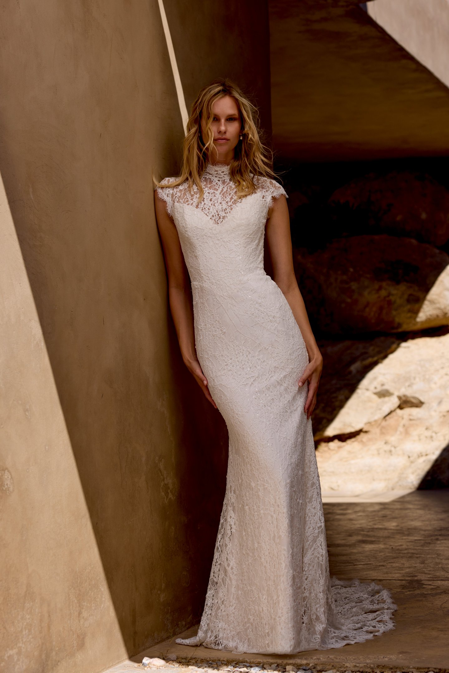 Lillian West Style 66460 Sparkling Lace Fit & Flare with High Illusion Neckline and Cap Sleeves