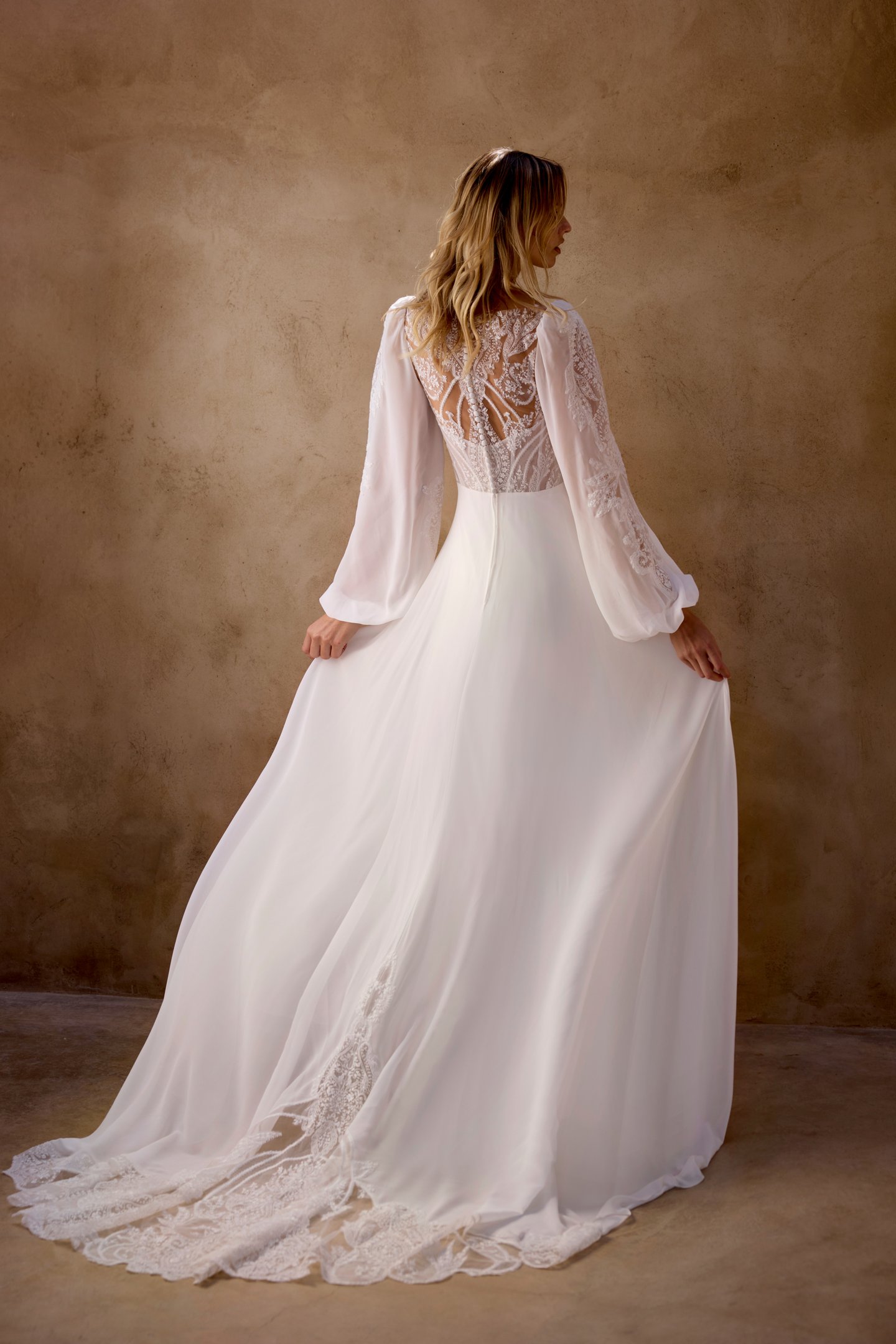 Lillian West Style 66461 Chiffon A-Line with Matte Lace Embroidered Lace Bodice and Sleeves