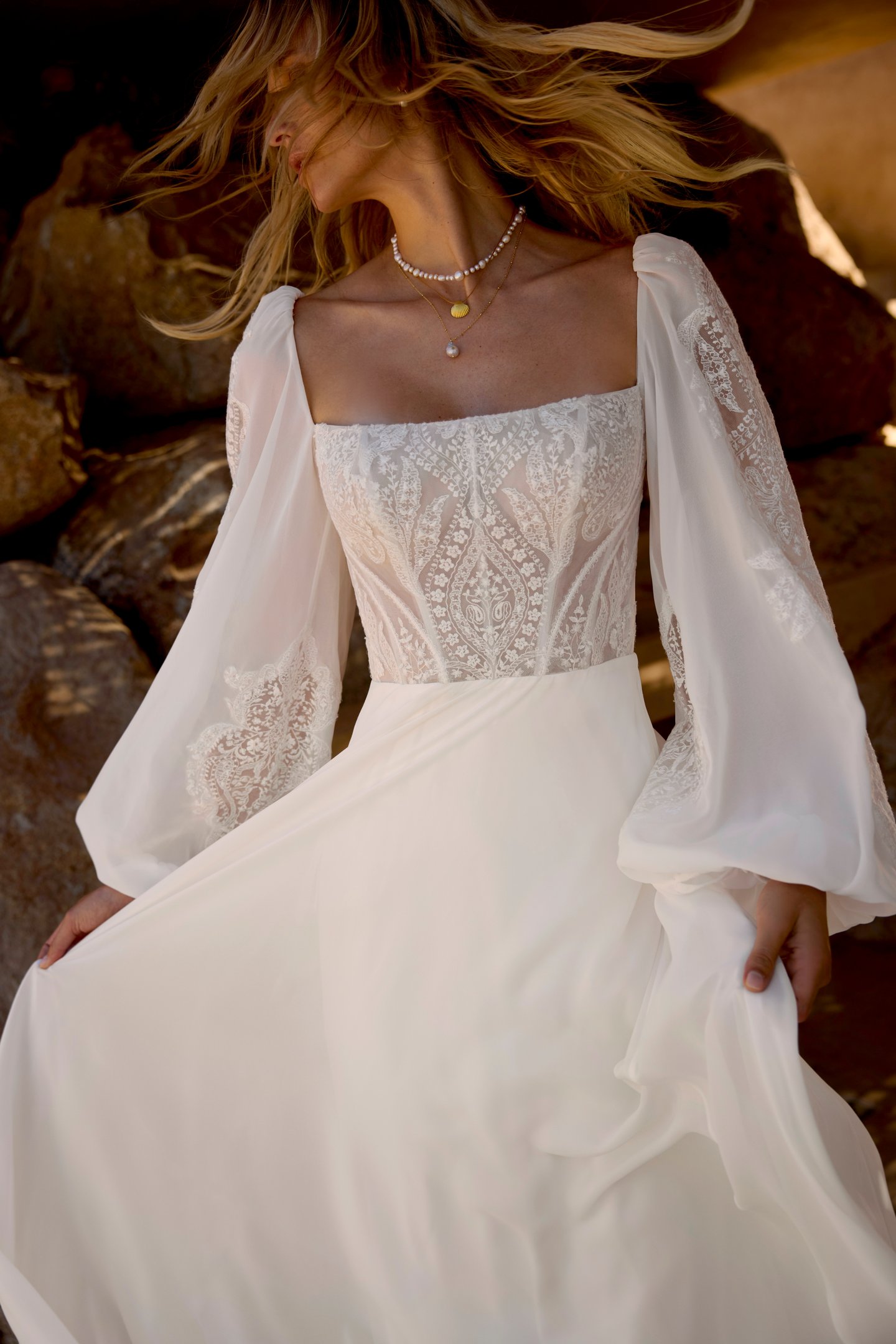 Lillian West Style 66461 Chiffon A-Line with Matte Lace Embroidered Lace Bodice and Sleeves