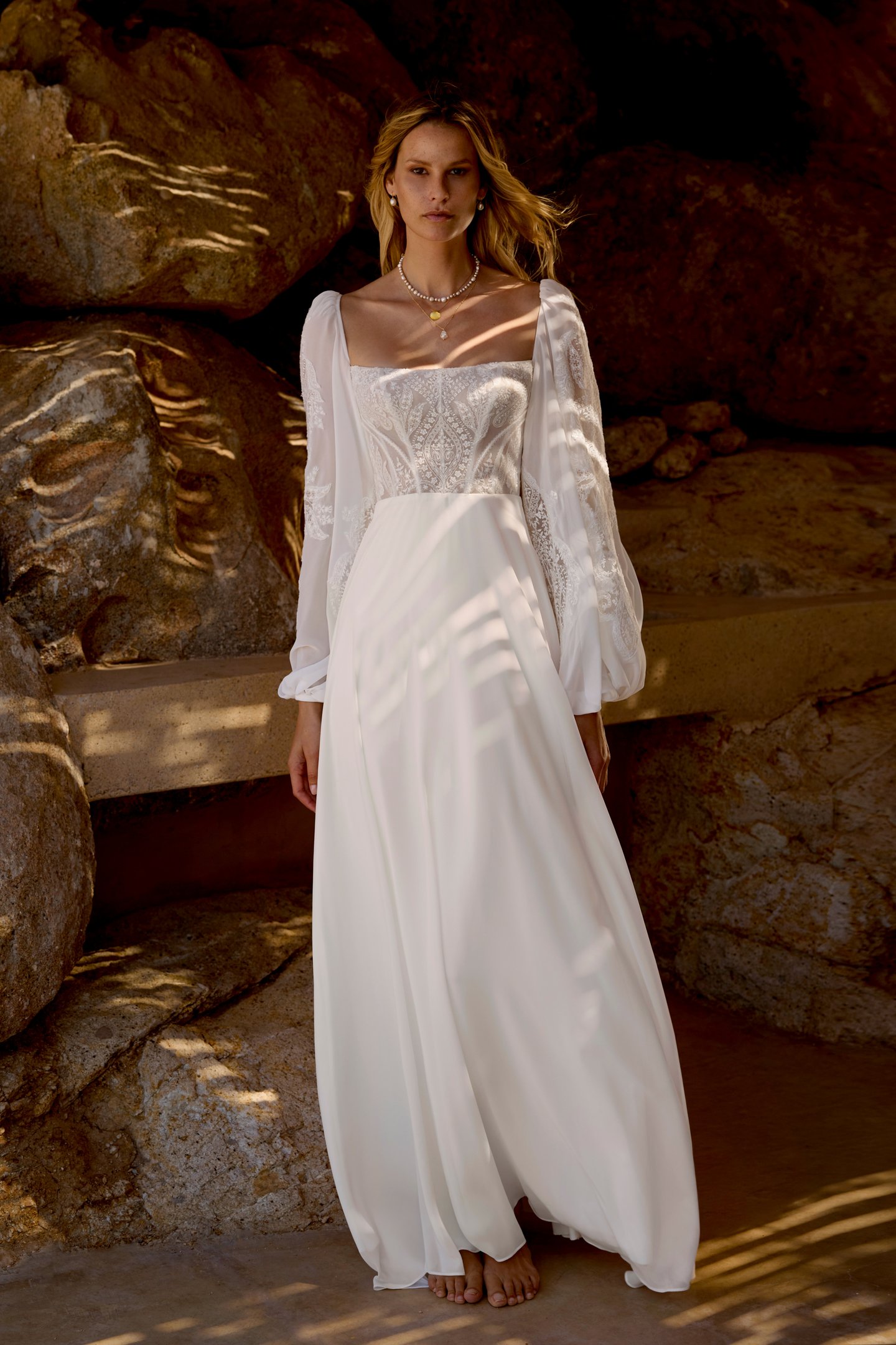 Lillian West Style 66461 Chiffon A-Line with Matte Lace Embroidered Lace Bodice and Sleeves