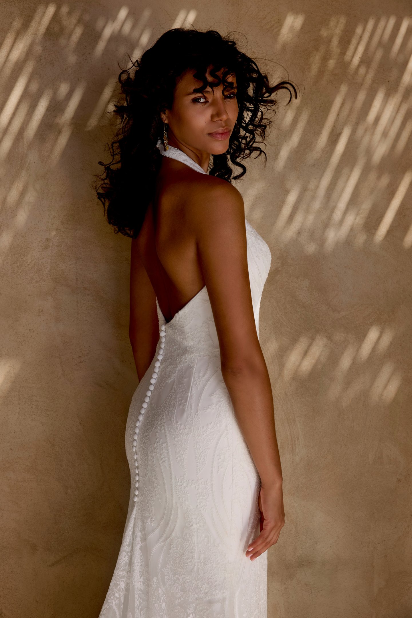 Lillian West Style 66462 Matte Allover Lace Fit and Flare with Plunging Halter Neckline