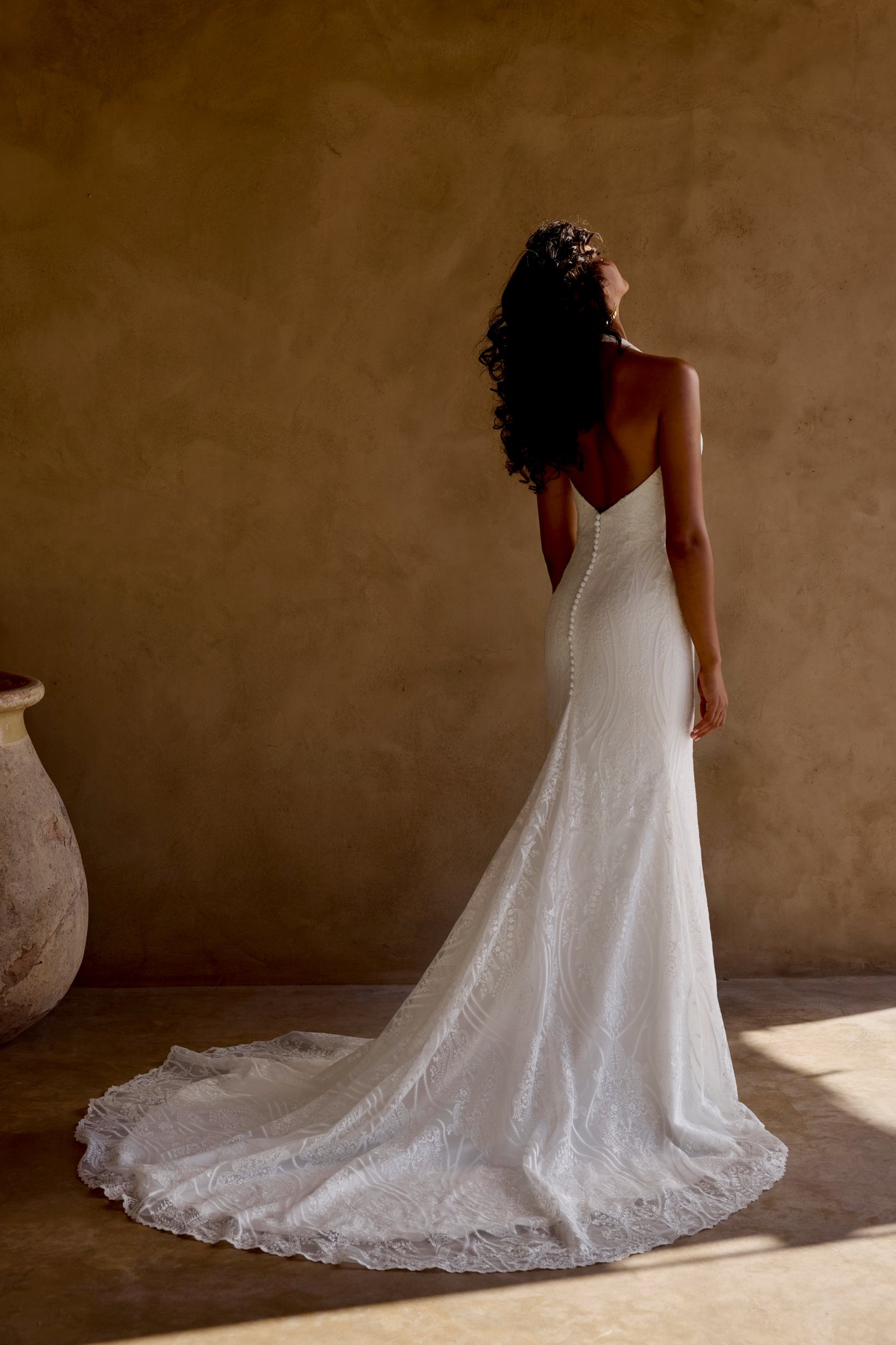 Lillian West Style 66462 Matte Allover Lace Fit and Flare with Plunging Halter Neckline