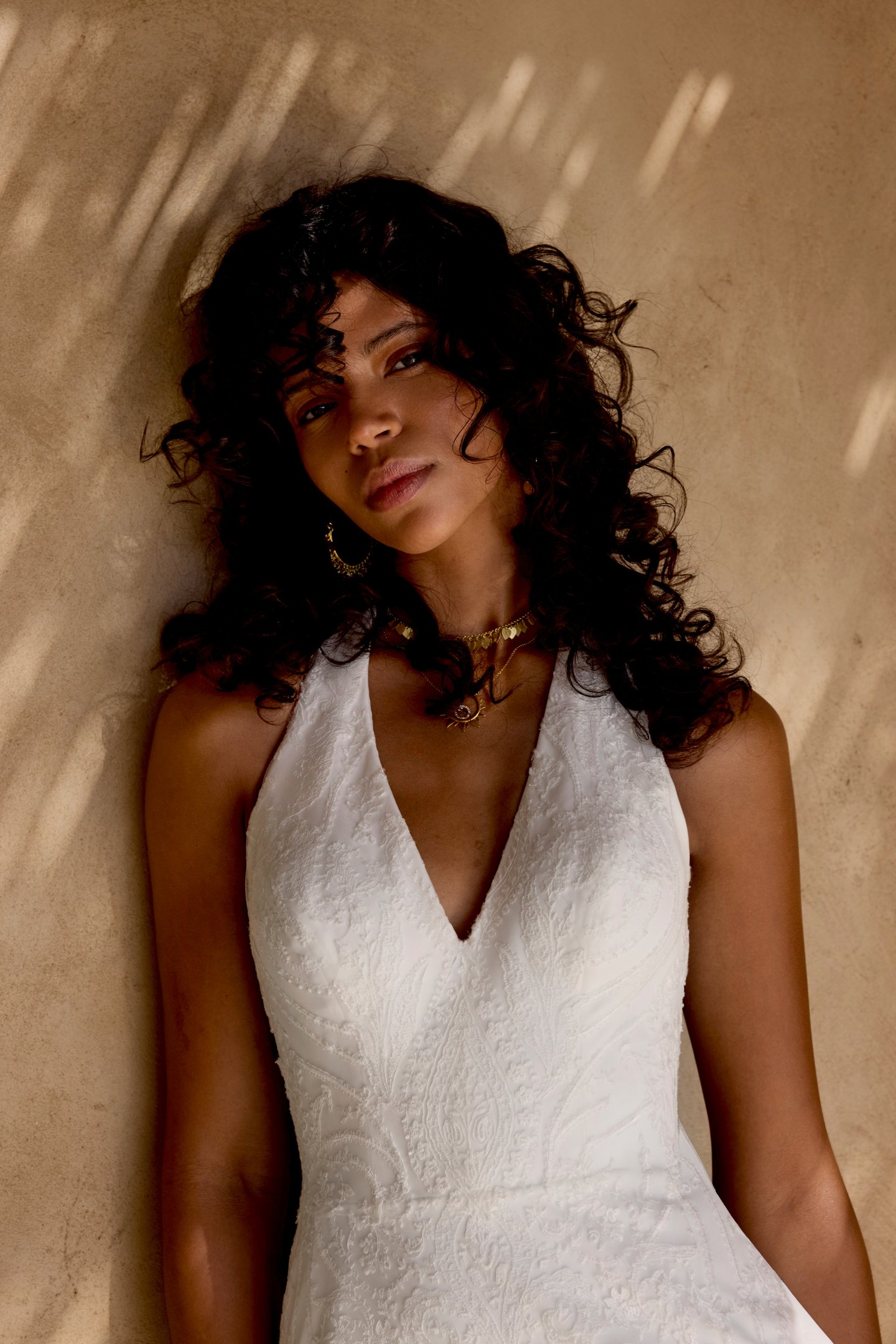 Lillian West Style 66462 Matte Allover Lace Fit and Flare with Plunging Halter Neckline