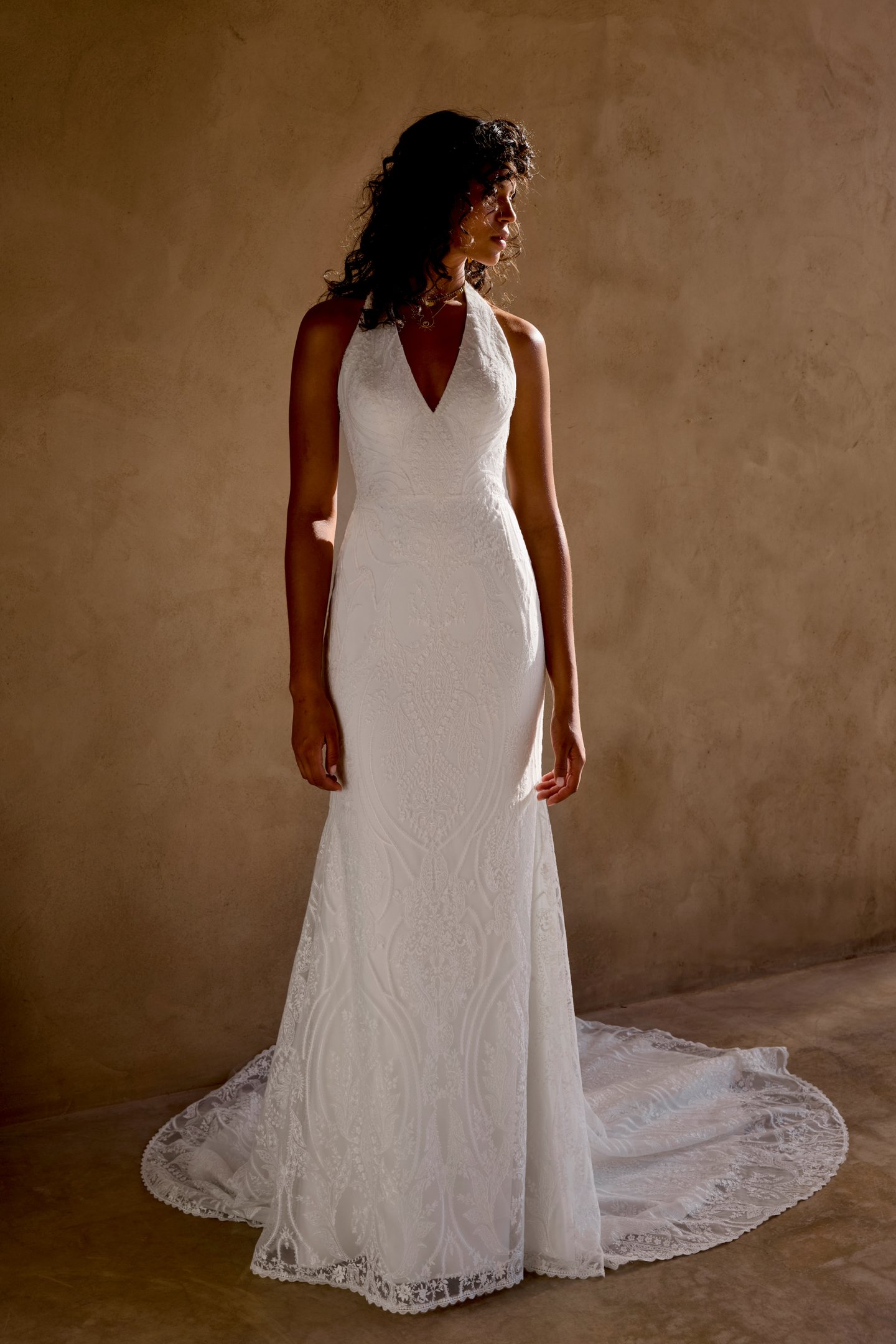 Lillian West Style 66462 Matte Allover Lace Fit and Flare with Plunging Halter Neckline