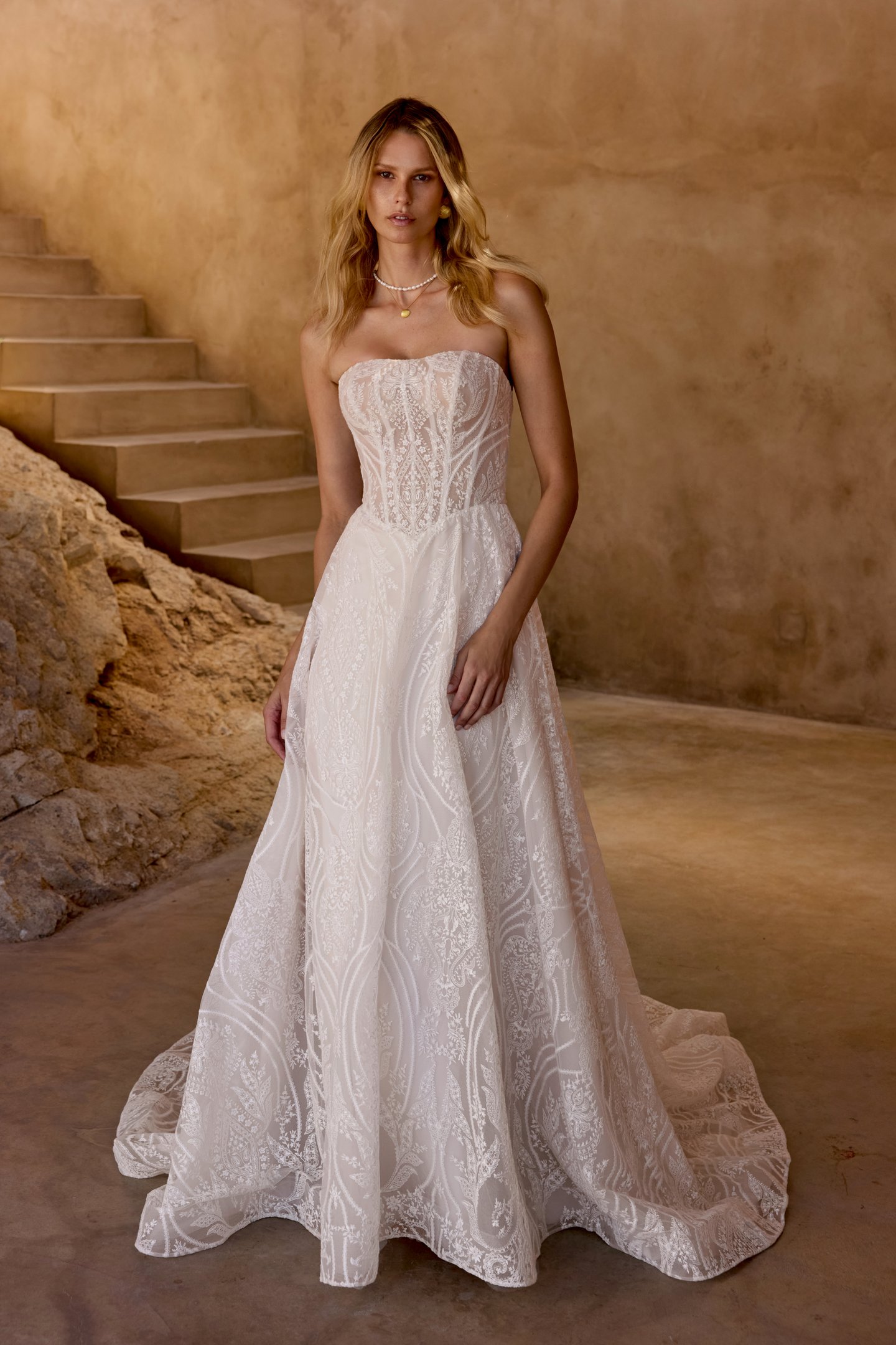 Lillian West Style 66463 Allover Lace A-Line with Modified Sweetheart Neckline and Basque Waist