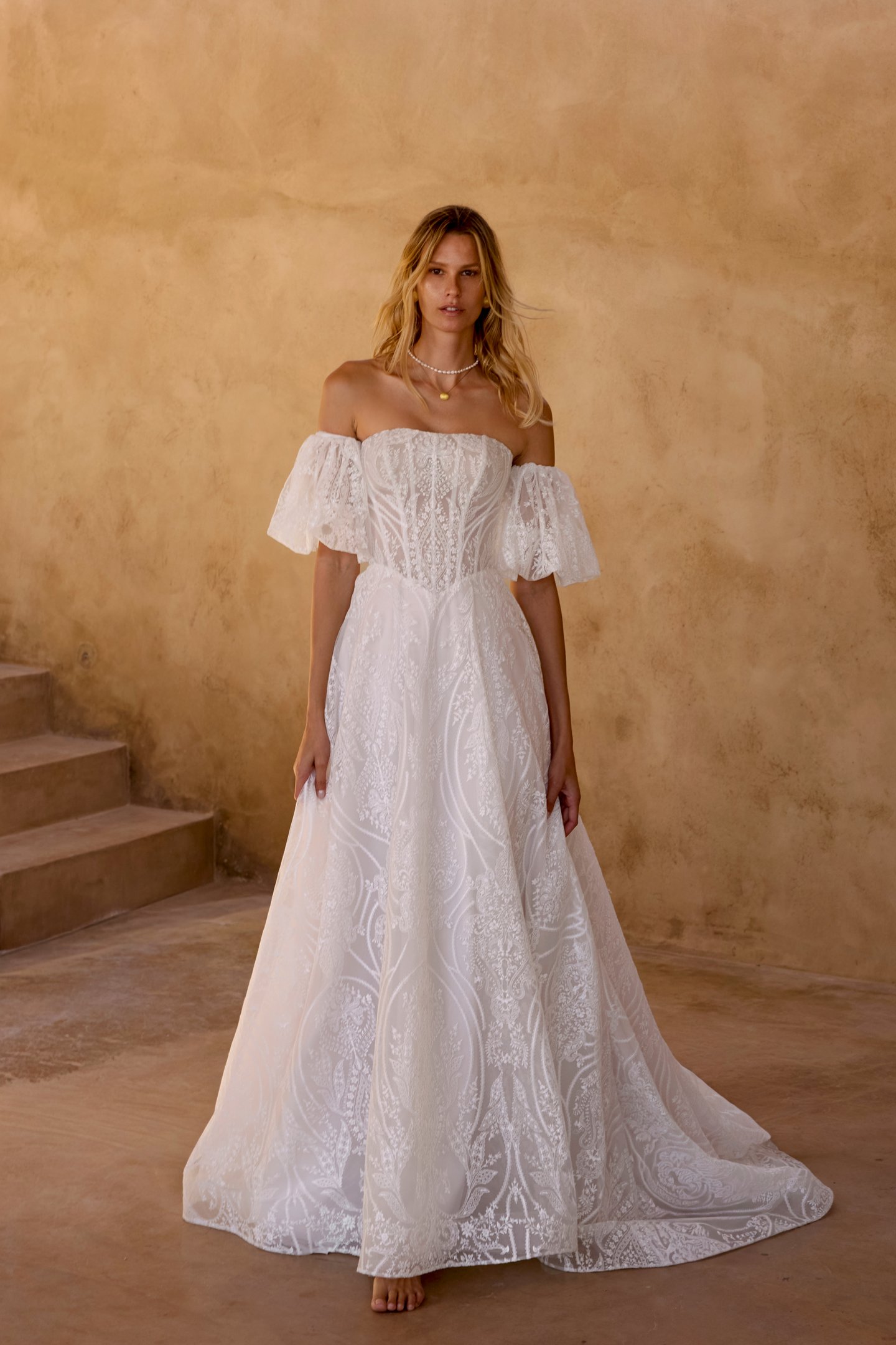 Lillian West Style 66463SL Detachable Allover Matte Lace Embroidered Puff Sleeves