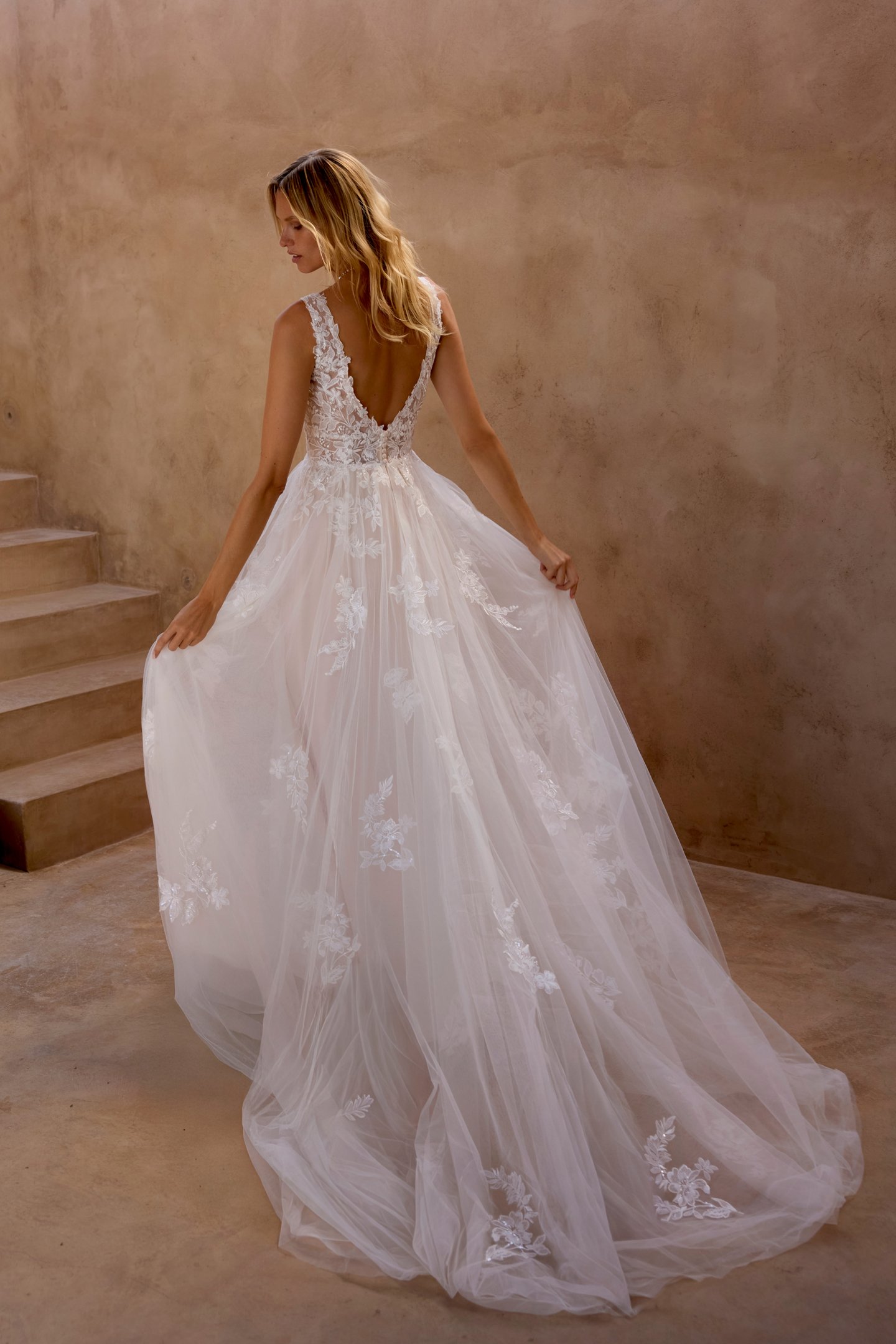 Lillian West Style 66464 Tulle A-Line Gown with Plunging Neckline and Sparkling Lace Appliqués