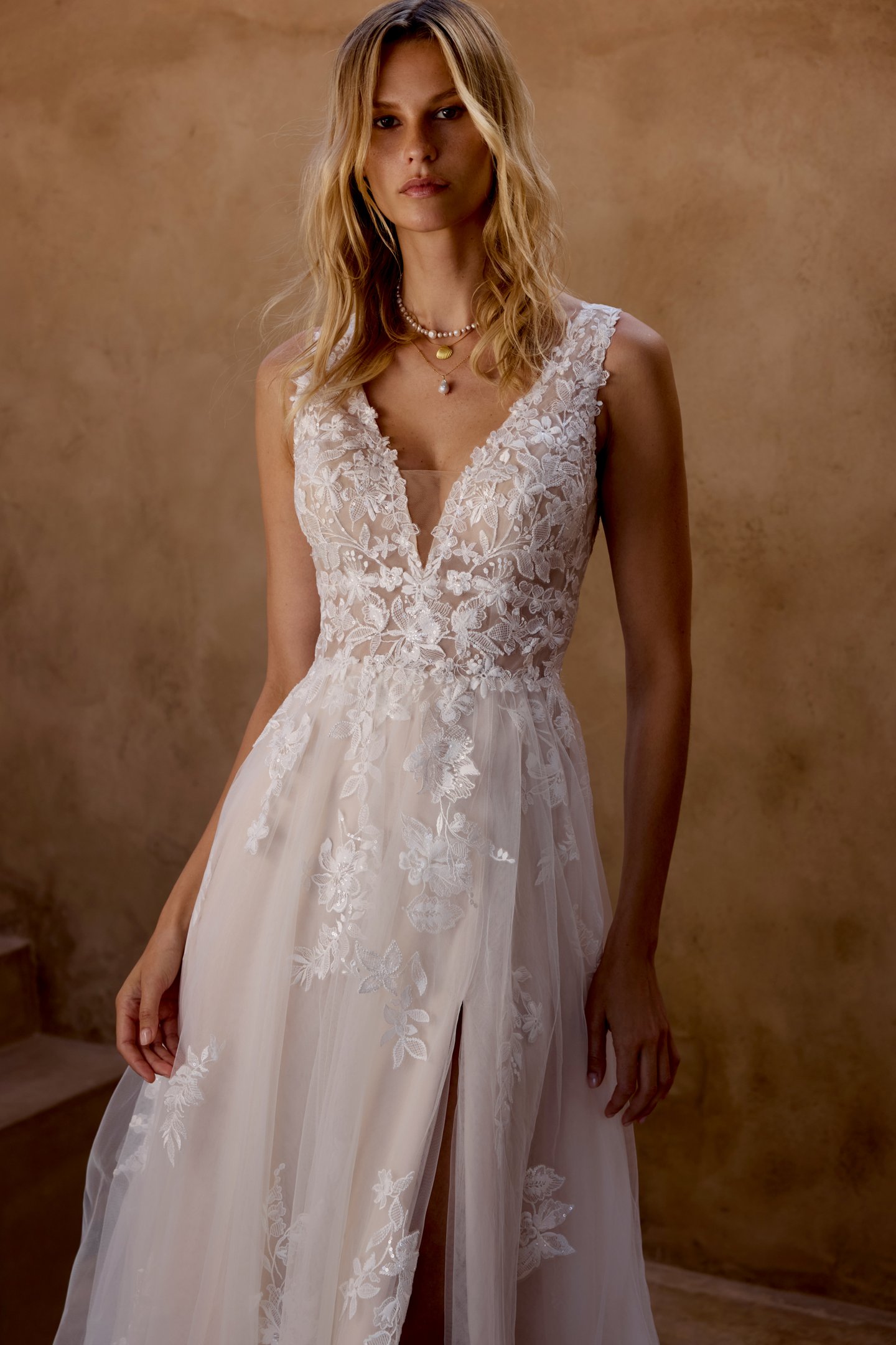 Lillian West Style 66464 Tulle A-Line Gown with Plunging Neckline and Sparkling Lace Appliqués