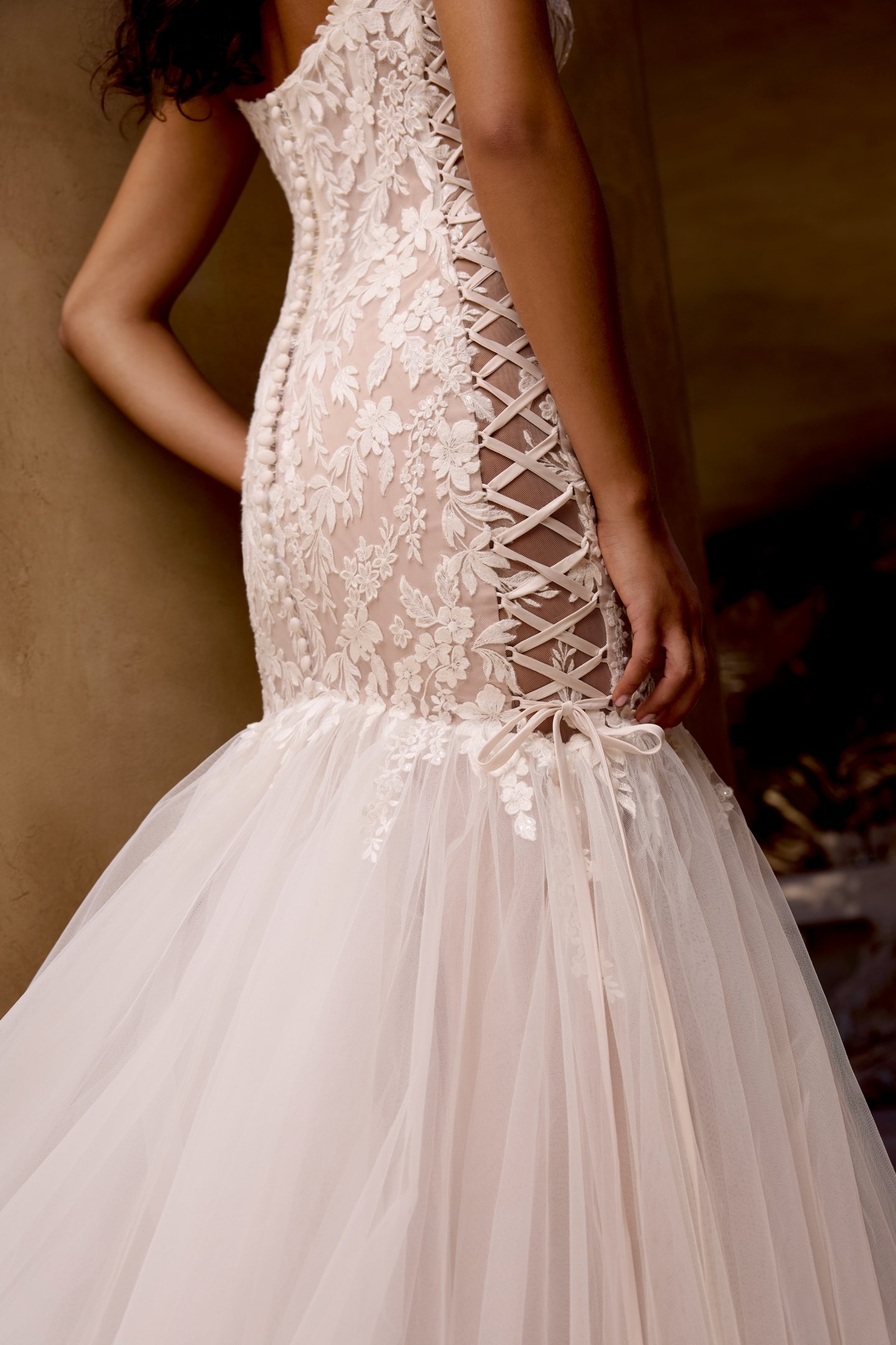 Lillian West Style 66465 Mermaid Gown with Sequin Lace Up Appliqués and Lace Up Sides