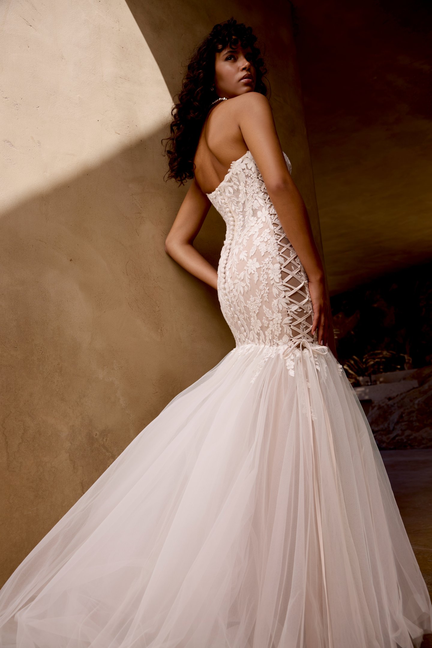 Lillian West Style 66465 Mermaid Gown with Sequin Lace Up Appliqués and Lace Up Sides
