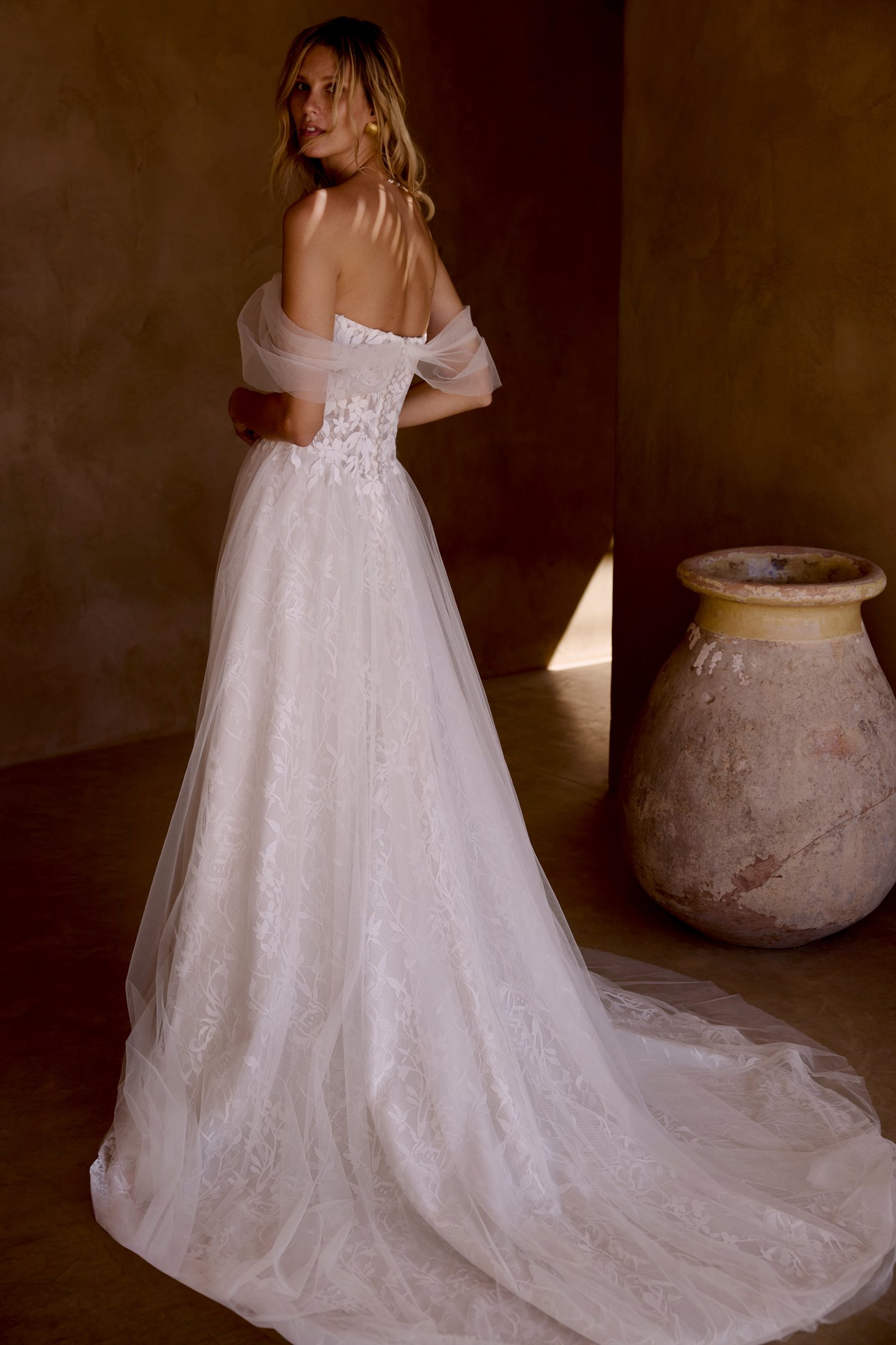 Lillian West Style 66466 Tulle and Chantilly Lace A-Line Gown with Off-The-Shoulder Straps