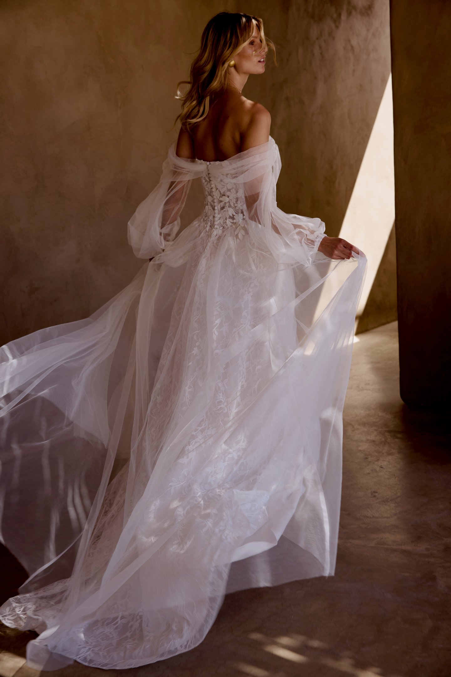 Lillian West Style 66466 Tulle and Chantilly Lace A-Line Gown with Off-The-Shoulder Straps