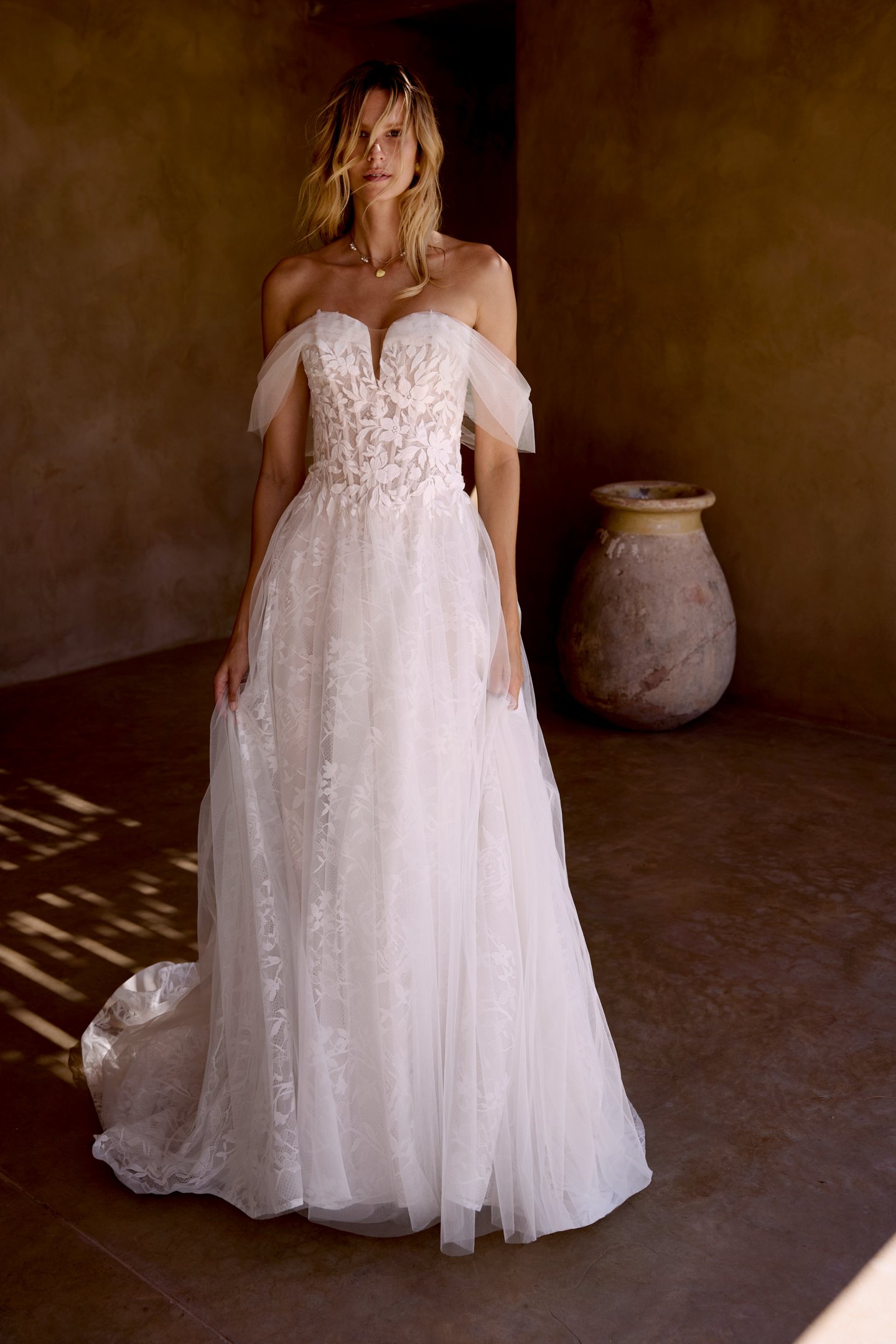 Lillian West Style 66466 Tulle and Chantilly Lace A-Line Gown with Off-The-Shoulder Straps