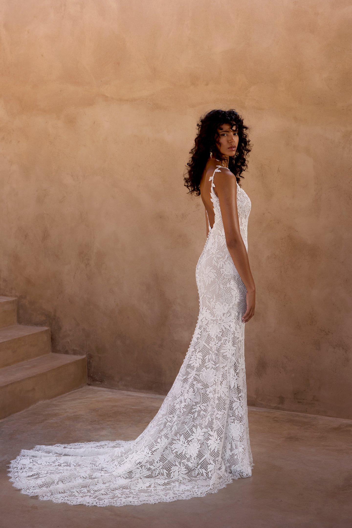 Lillian West Style 66467 Allover Venice Lace Fit & Flare Gown with Spaghetti Straps