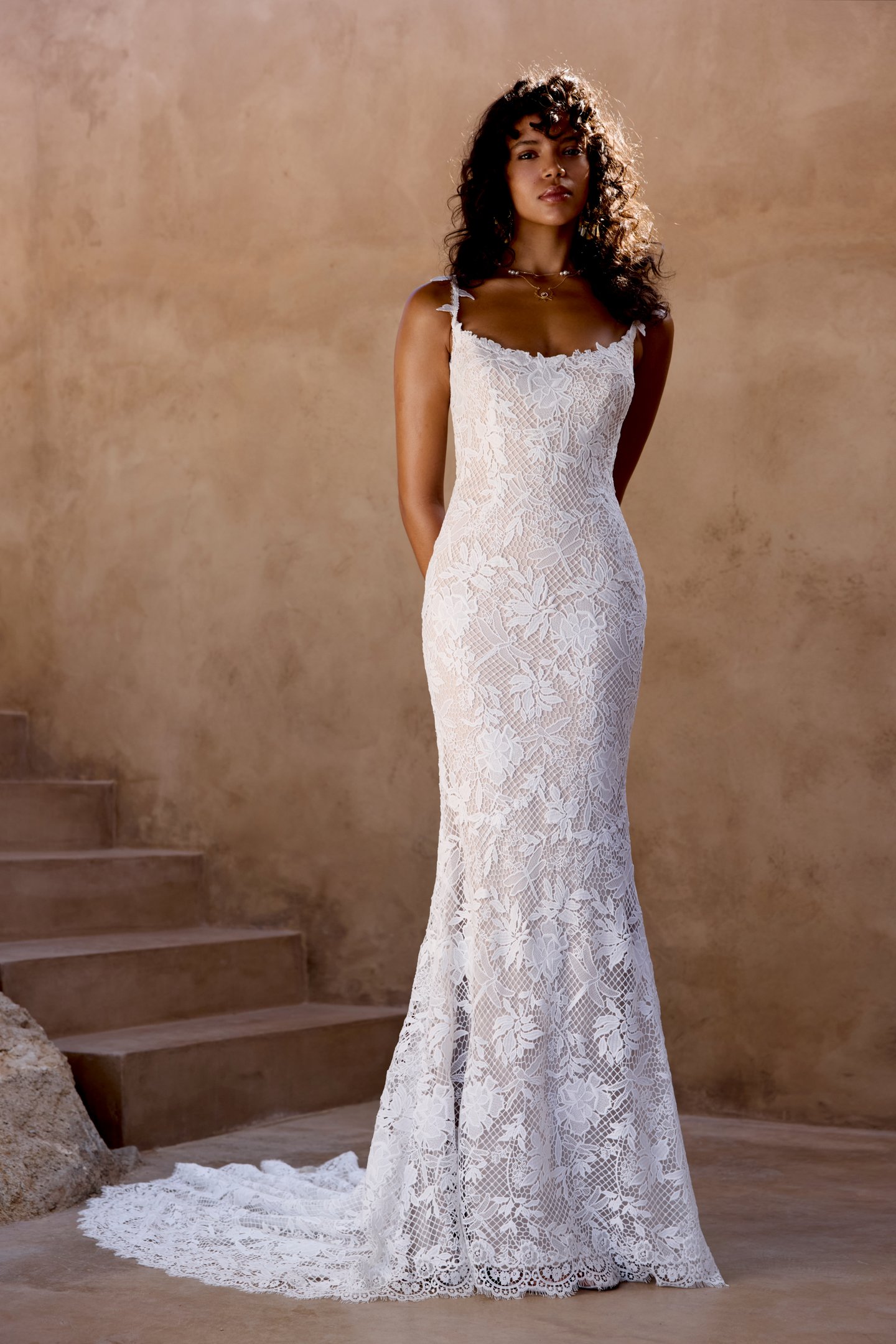 Lillian West Style 66467 Allover Venice Lace Fit & Flare Gown with Spaghetti Straps