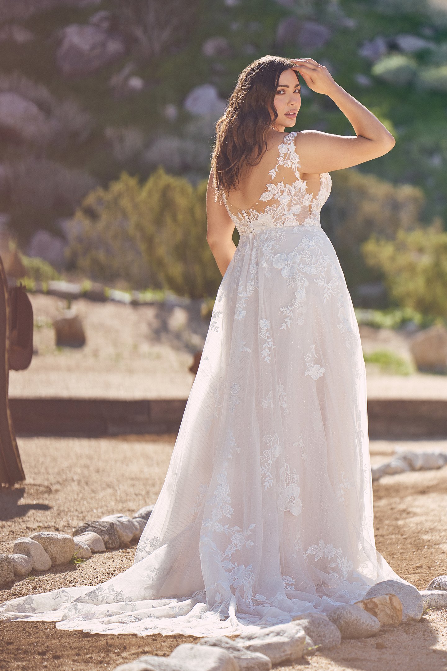 Lillian West Style 66222PS Plunging V-Neck A-Line Plus Size Bridal Dress with Sequined Lace Appliqués