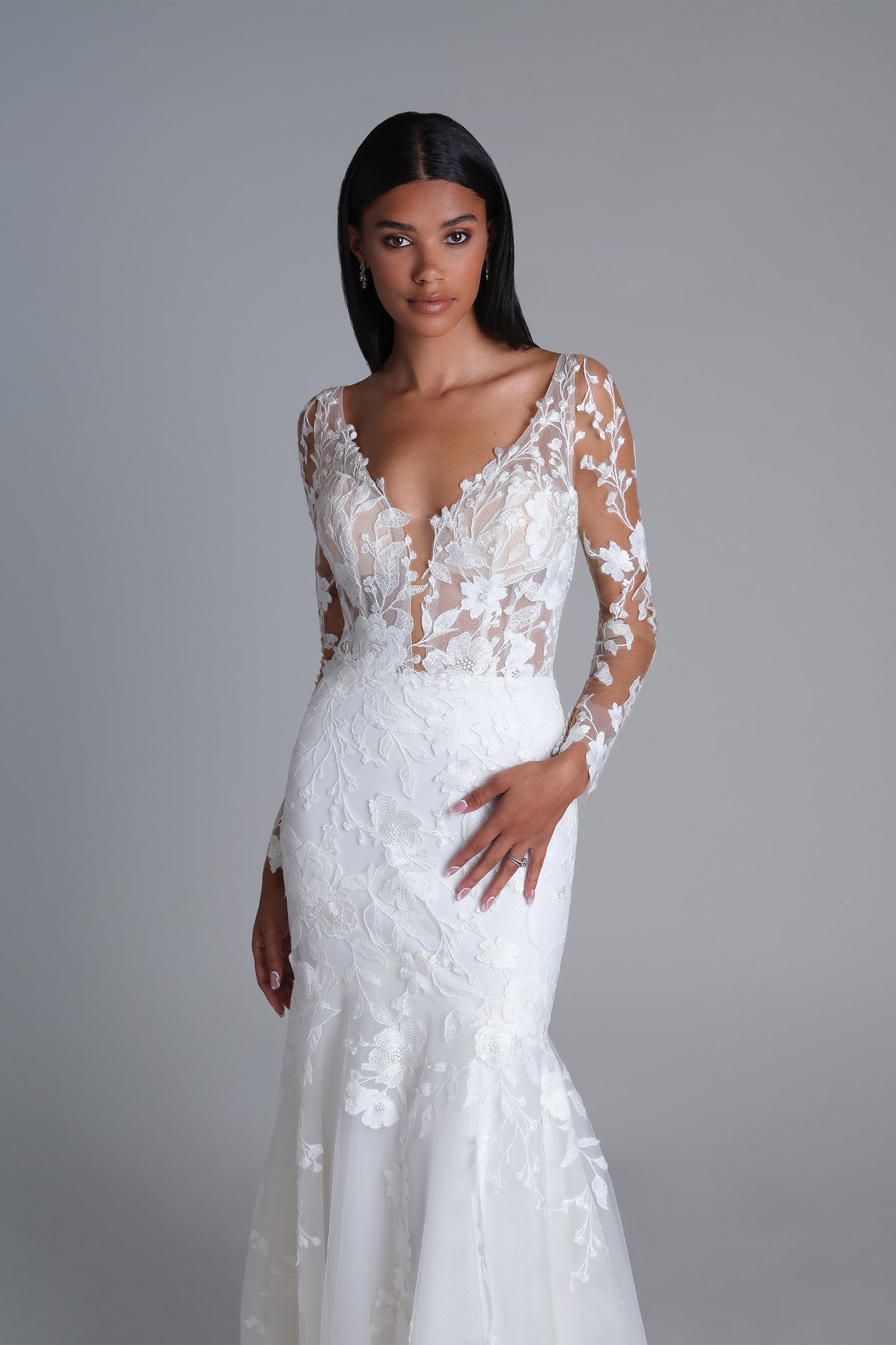 Lillian West Style 66252 Glitter Tulle Trumpet Gown with Cotton Lace Appliqués