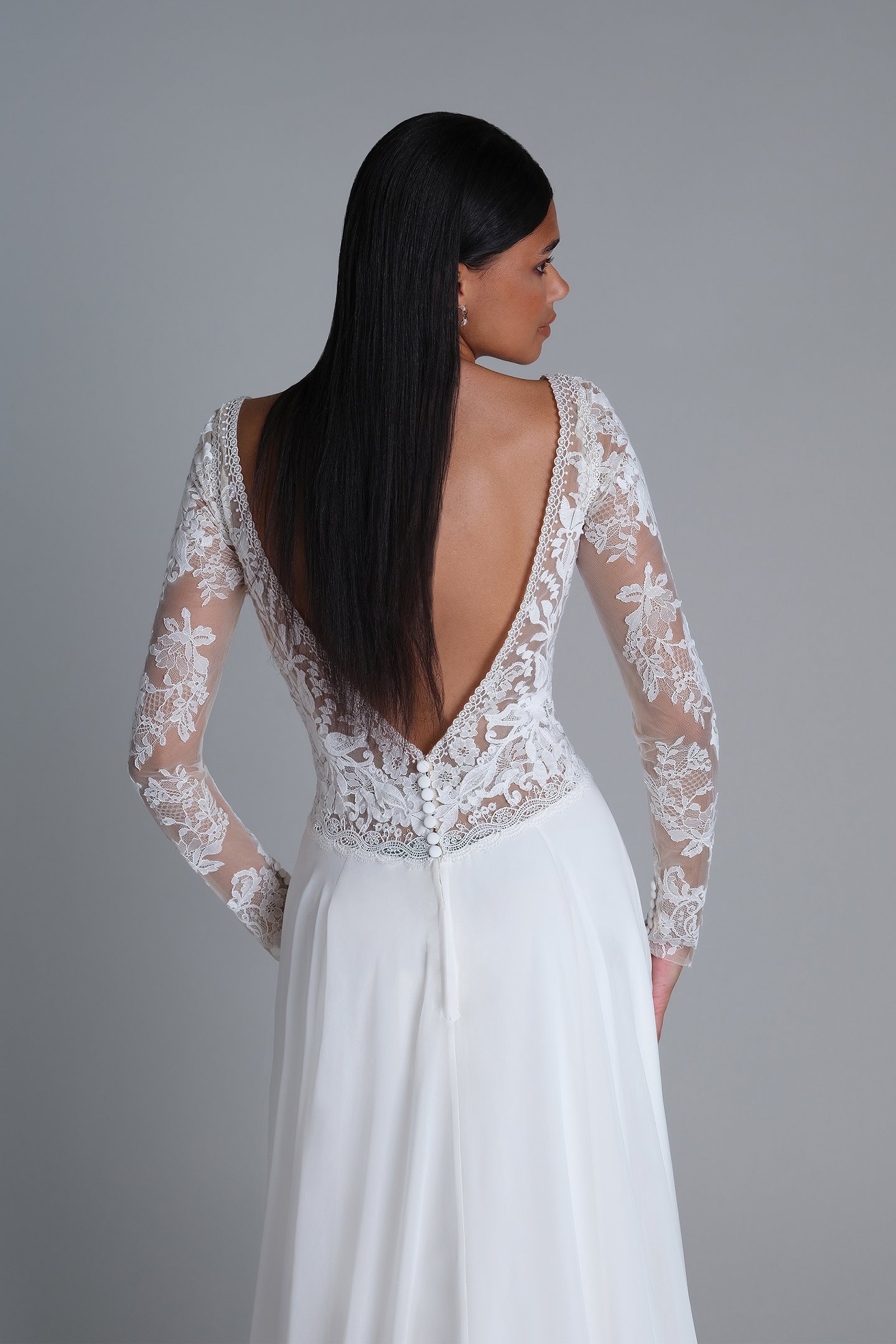 Lillian West Style 66254 Lace and Chiffon A-Line Dress with Inverted Basque Waist