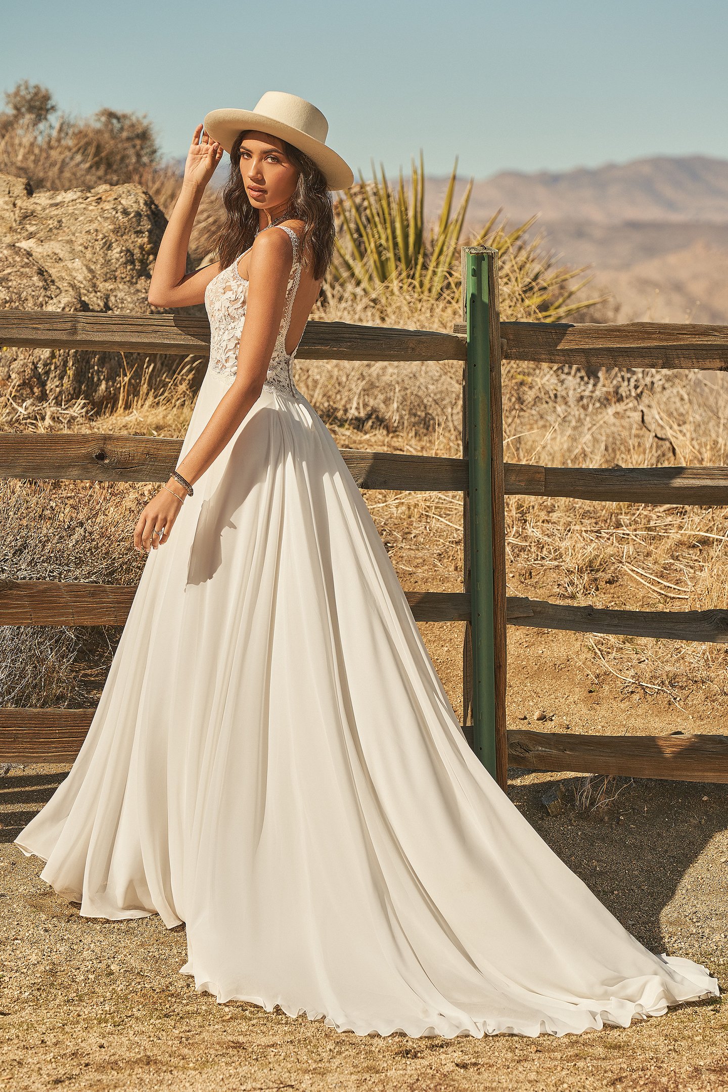 Lillian West Style 66254 Lace and Chiffon A-Line Dress with Inverted Basque Waist