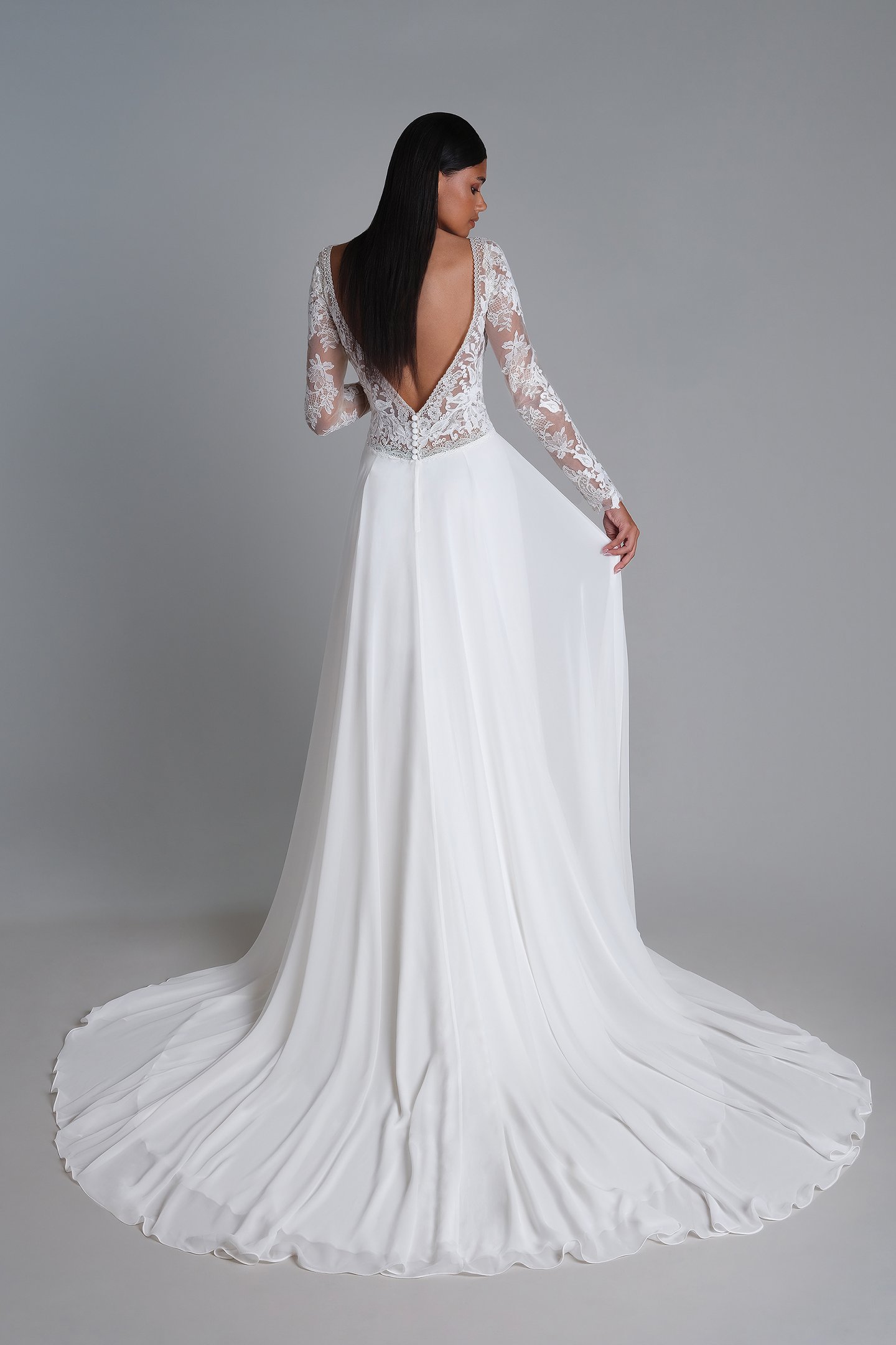 Lillian West Style 66254 Lace and Chiffon A-Line Dress with Inverted Basque Waist