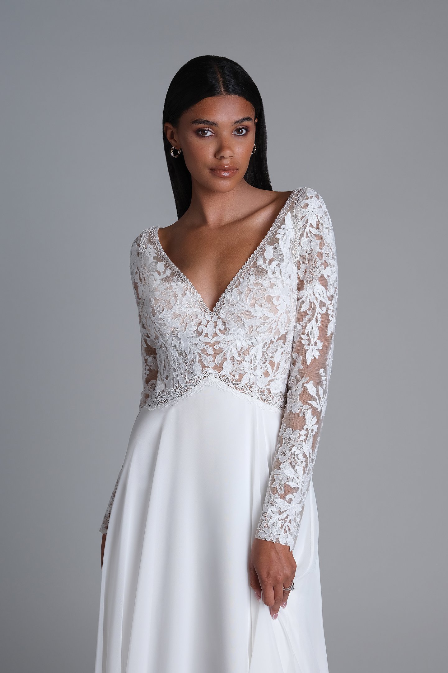 Lillian West Style 66254 Lace and Chiffon A-Line Dress with Inverted Basque Waist