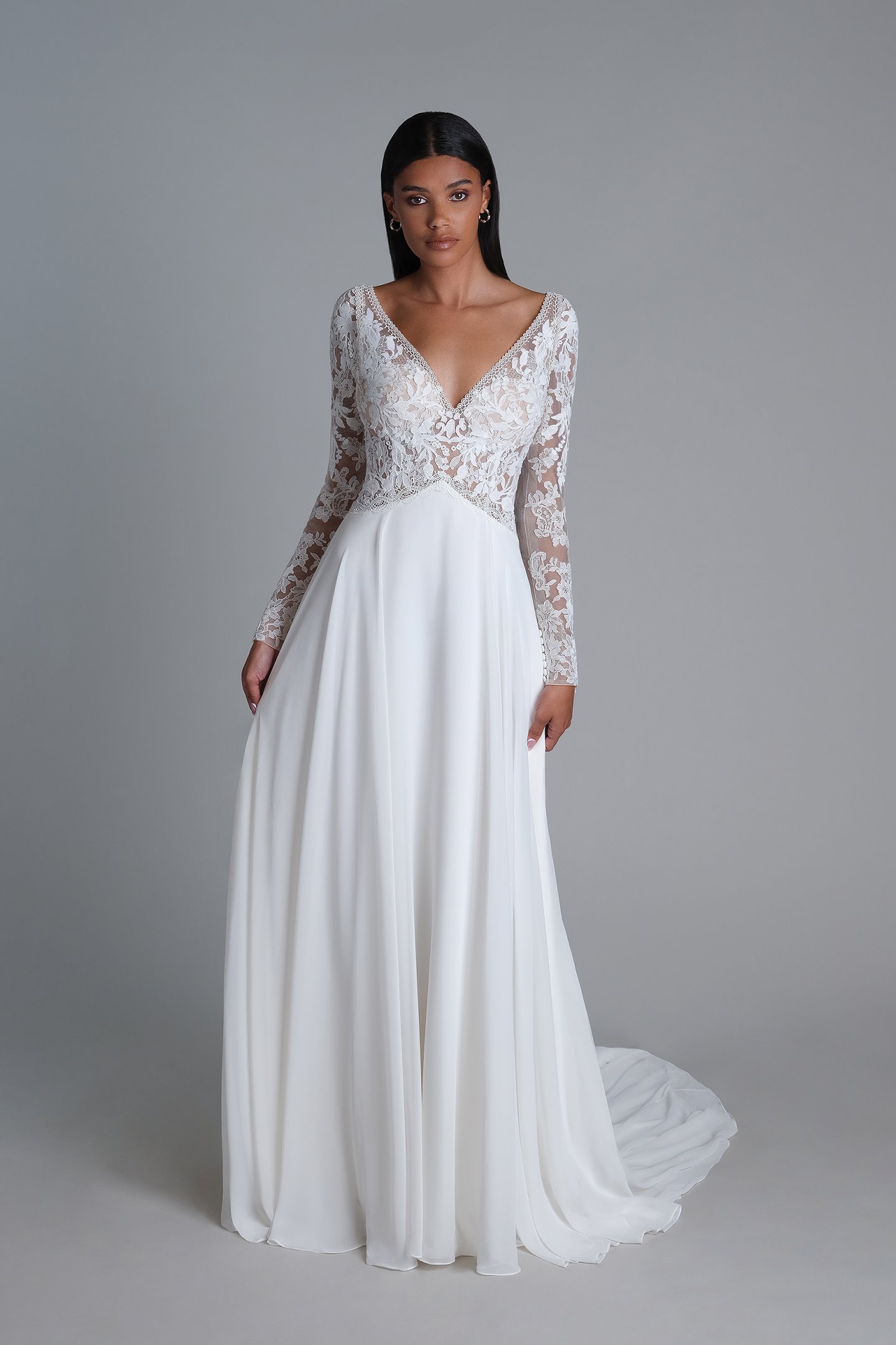 Lillian West Style 66254 Lace and Chiffon A-Line Dress with Inverted Basque Waist