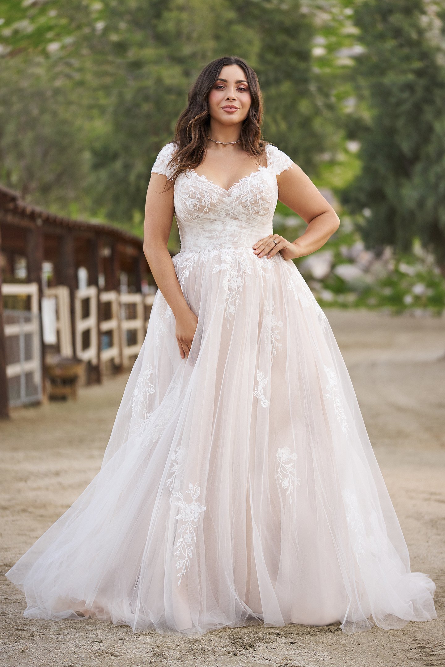 Lillian West Style 66259PS Tulle A-Line Plus Size Bridal Dress with Sheer Bodice and Chapel Length Train