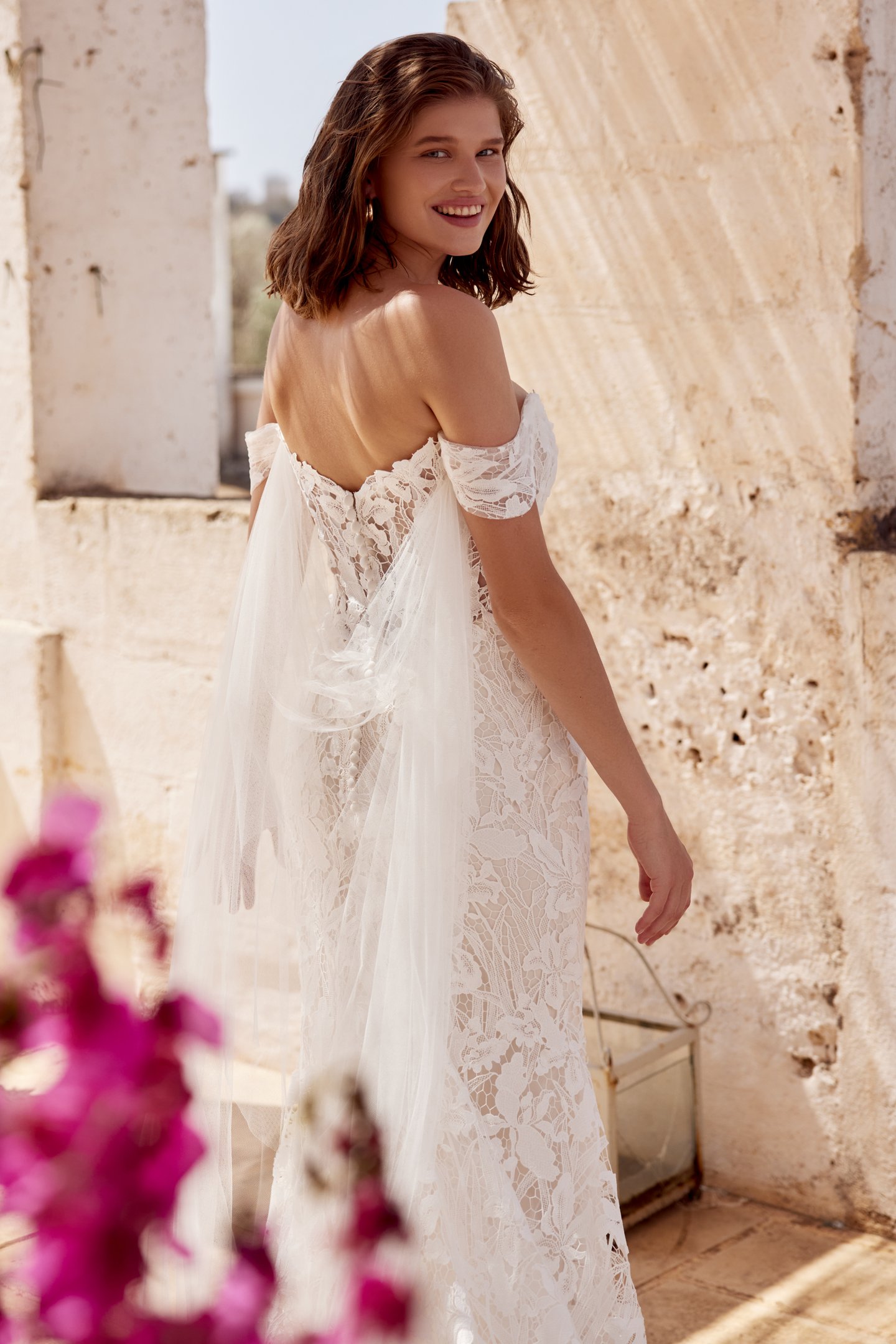 Lillian West Style 66300 Allover Lace Fit and Flare Bridal Dress with Sweep Length Train