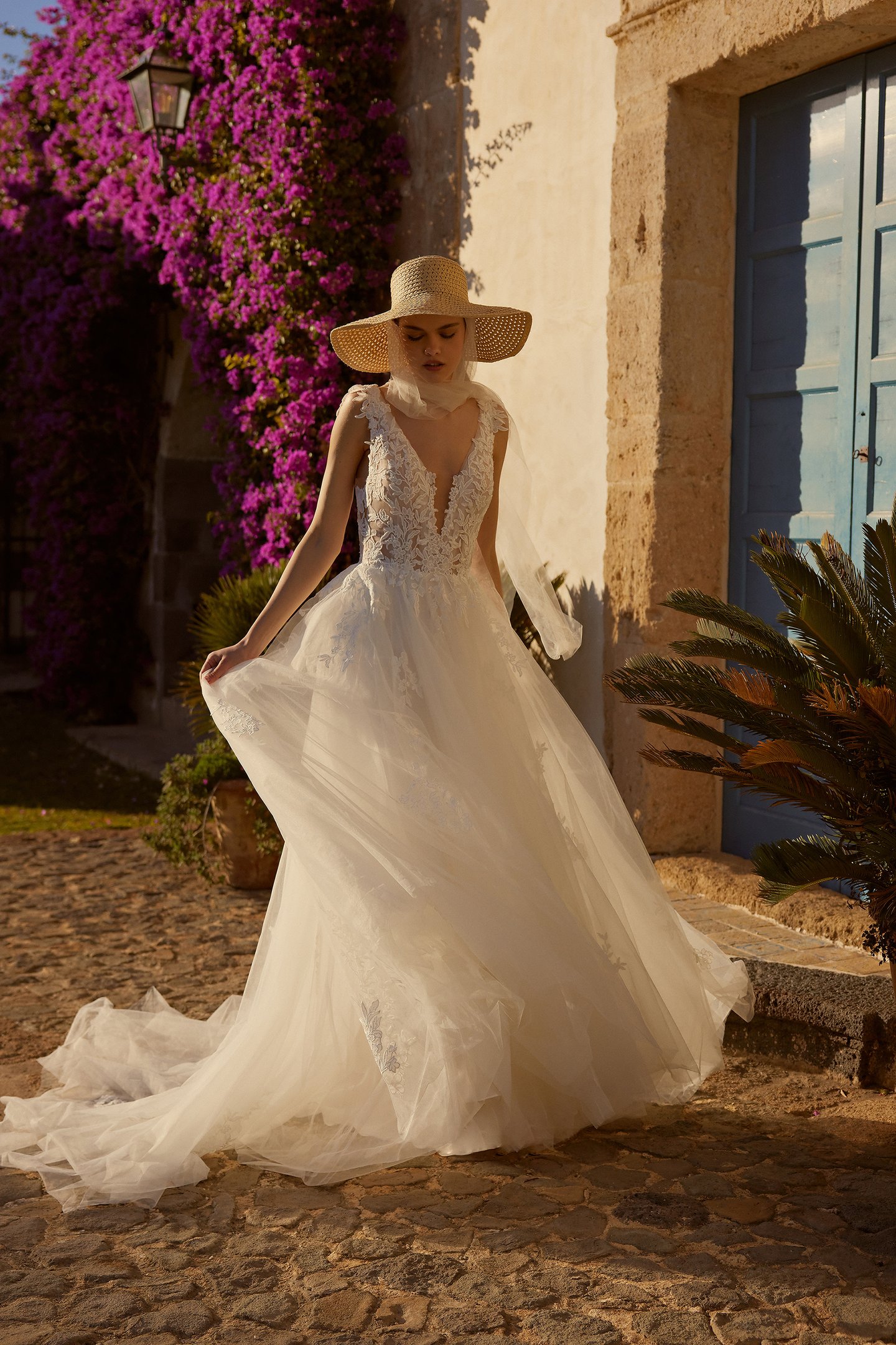 Lillian West Style 66306 Tulle A-Line Bridal Dress with Plunging V-Neck and Open Back
