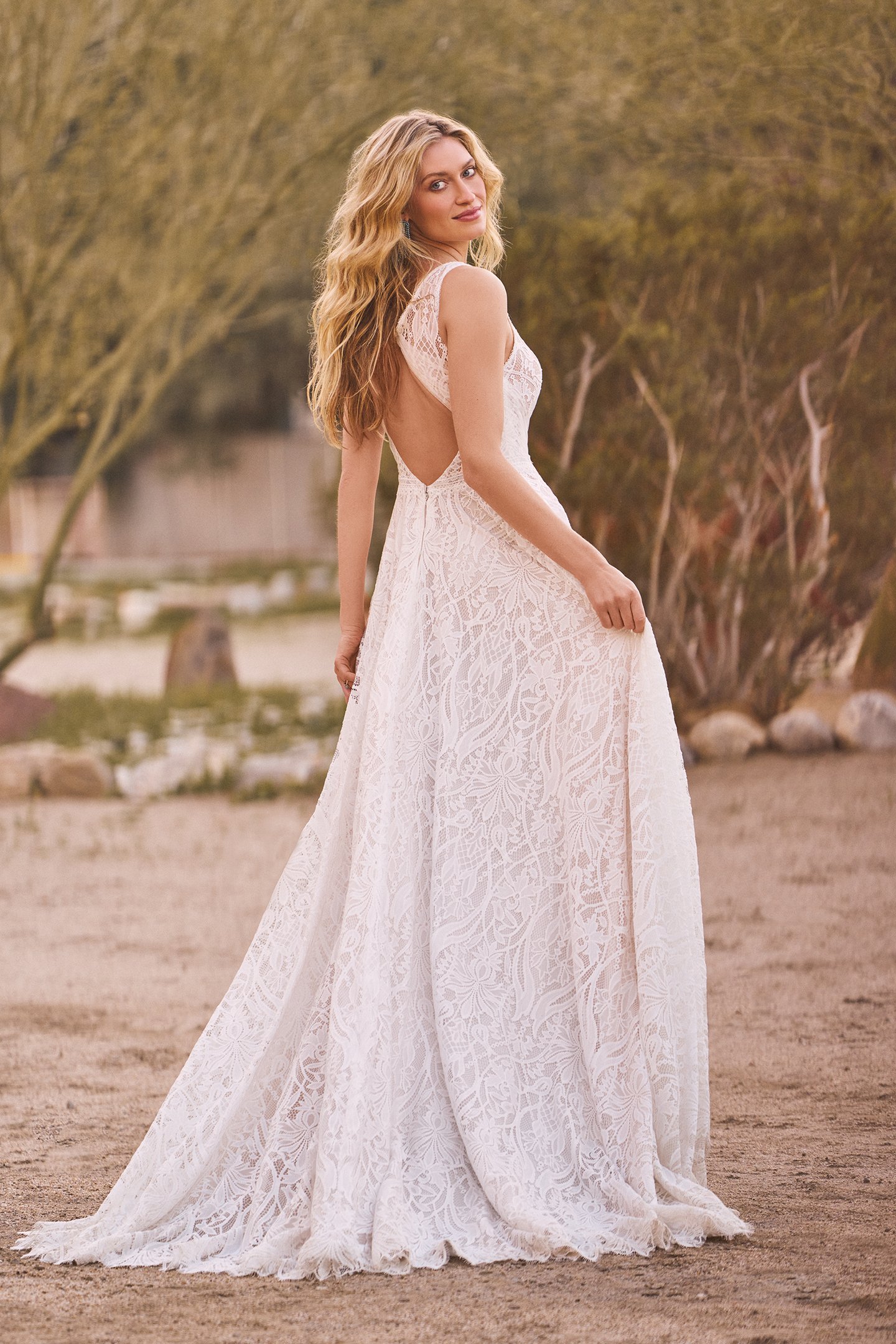 Lillian West Style 66313 Allover Lace A-Line Bridal Dress with Keyhole Back