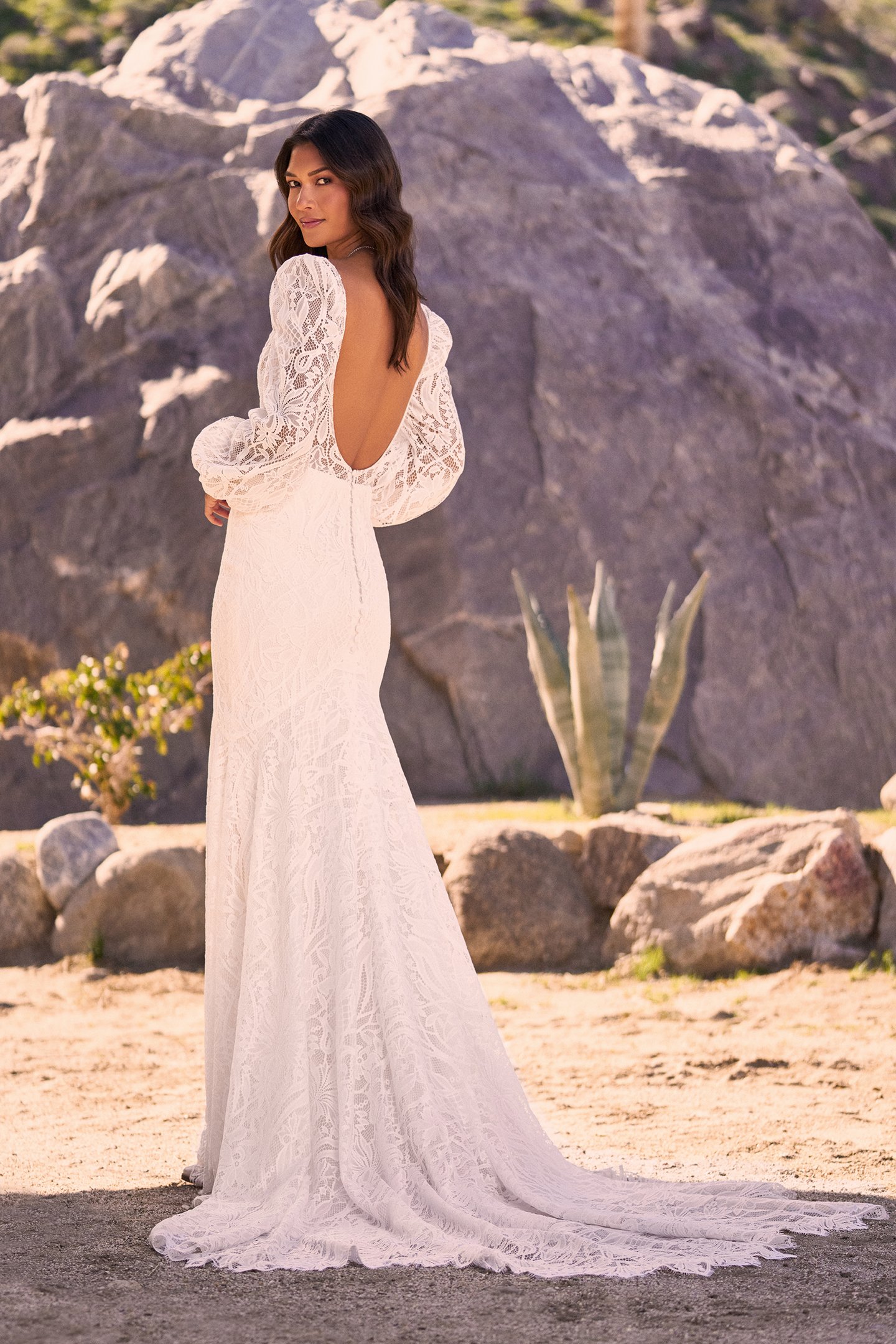 Lillian West Style 66314 Allover Lace Fit and Flare Bridal Dress with V-Neck and V-Back