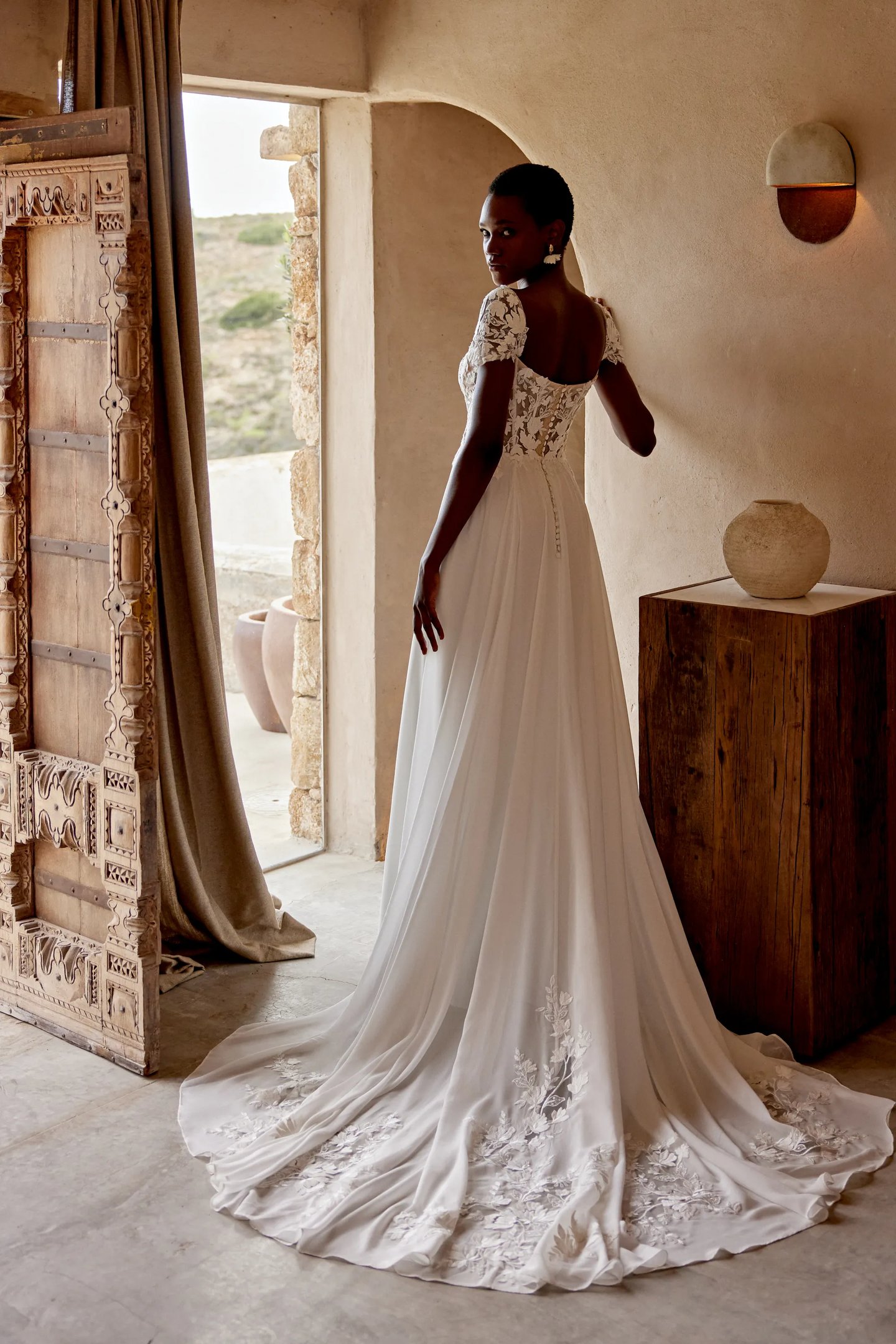 lace trim for wedding dresses Lace Trim Wedding Gown with Detachable Sleeves & Sweetheart Neckline