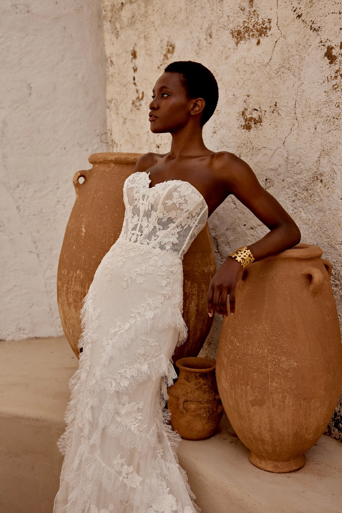strapless bohemian wedding dress Strapless Chiffon Boho Wedding Gown with All-Lace Back