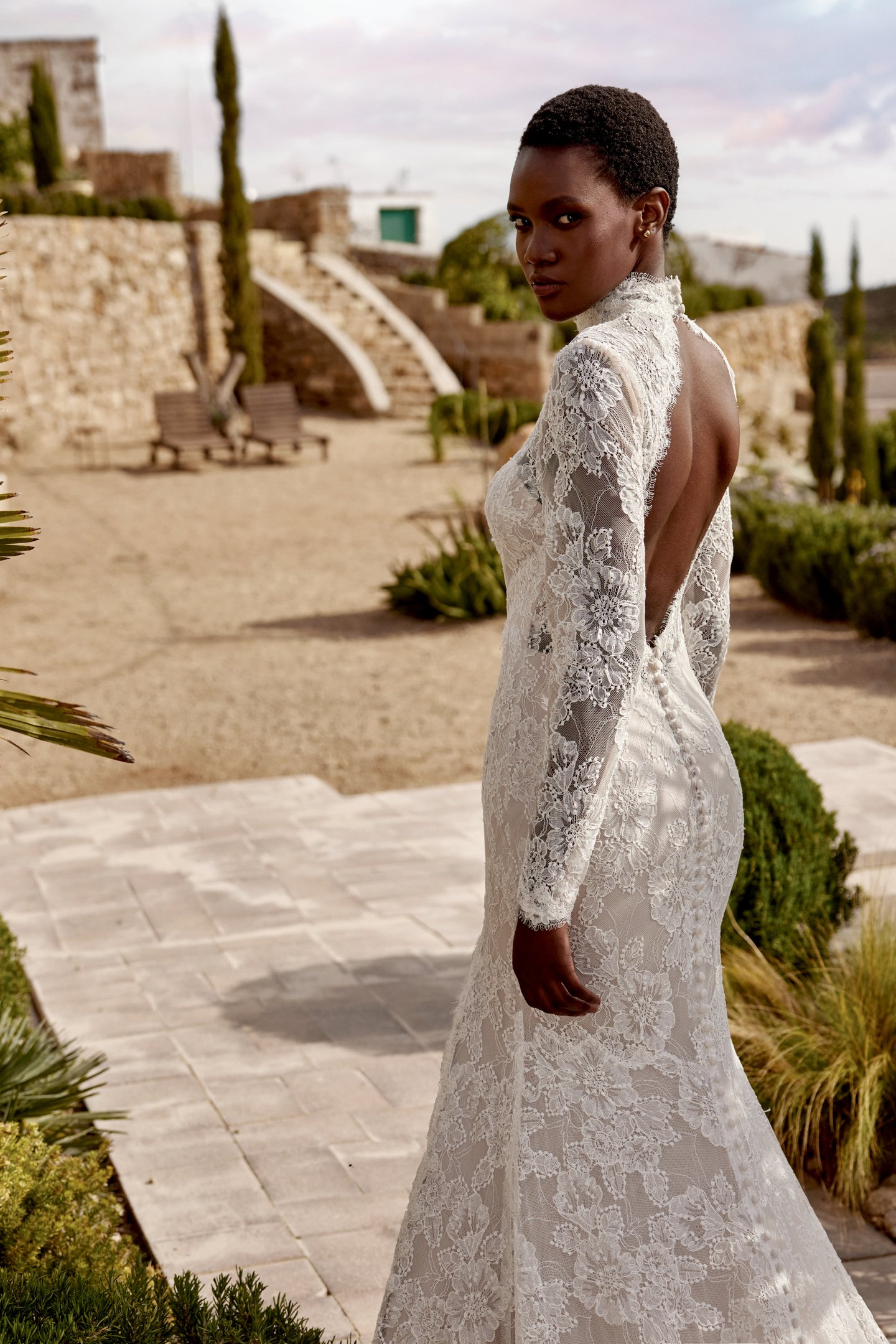 Lillian West Style 66365 Alençon Lace Fit and Flare Gown with Mandarin Neck and Keyhole Back