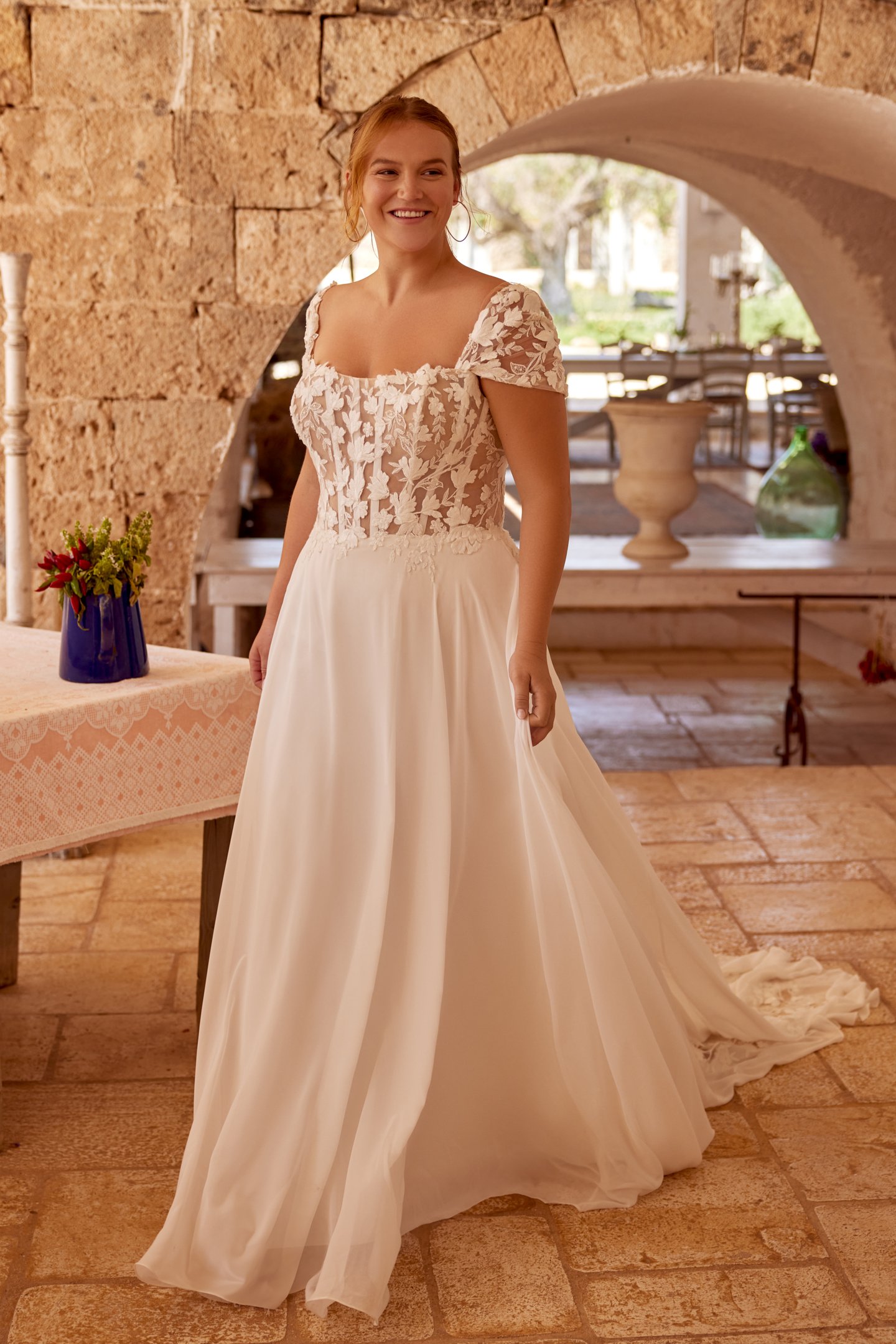 Lillian West Style 66368PS Tulle A-Line Plus Size Gown with Long Sleeves and High Illusion Back