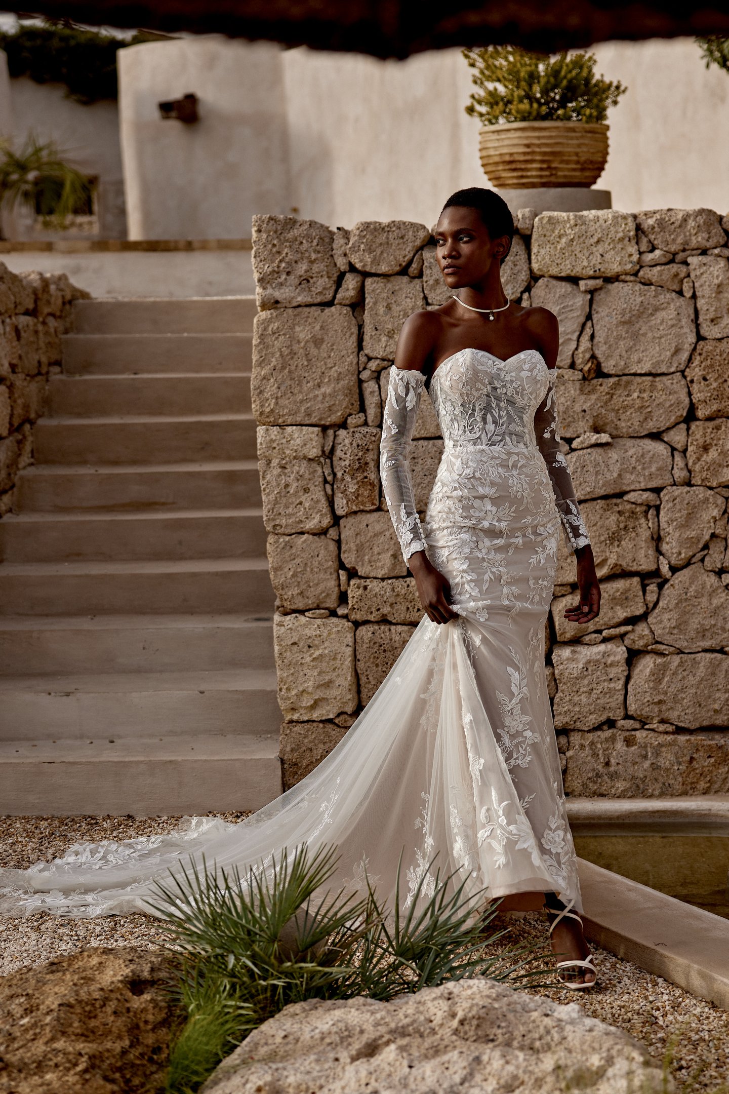Lillian West Style 66369 Allover Embroidered Lace Fit and Flare Gown  with Draped Bodice