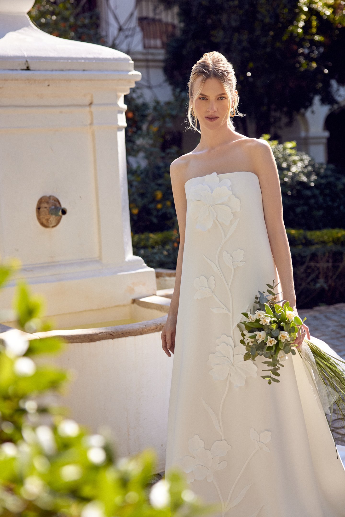 Lillian West Style 66410 Crepe Strapless Shift Gown with Straight Neckline and 3D Floral Detail