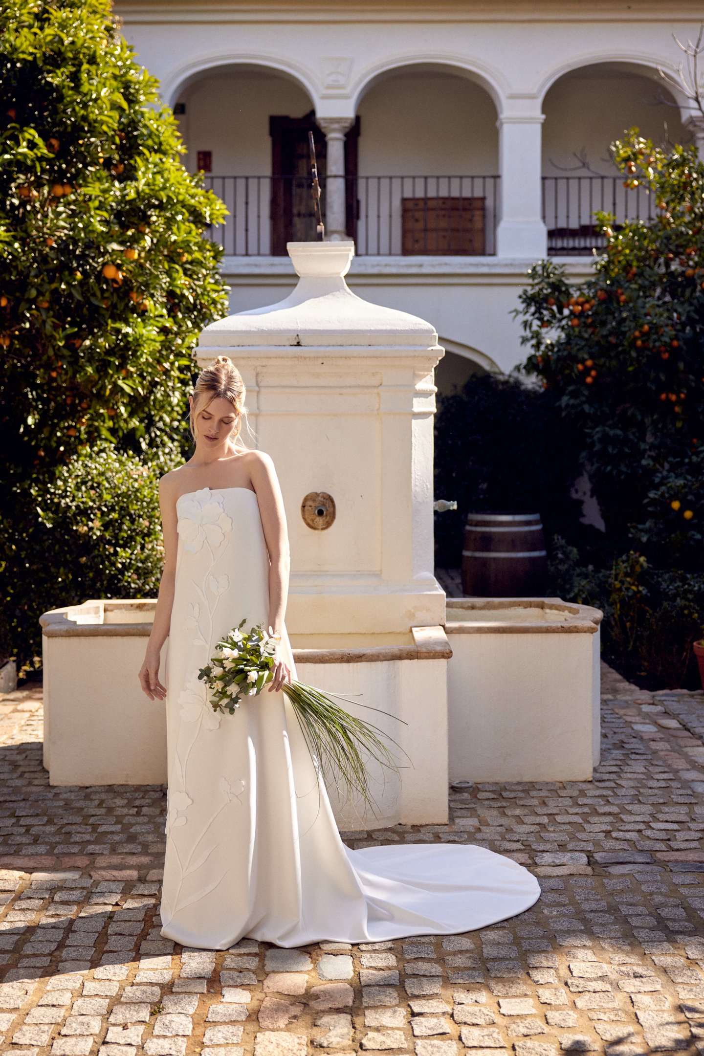 Lillian West Style 66410 Crepe Strapless Shift Gown with Straight Neckline and 3D Floral Detail