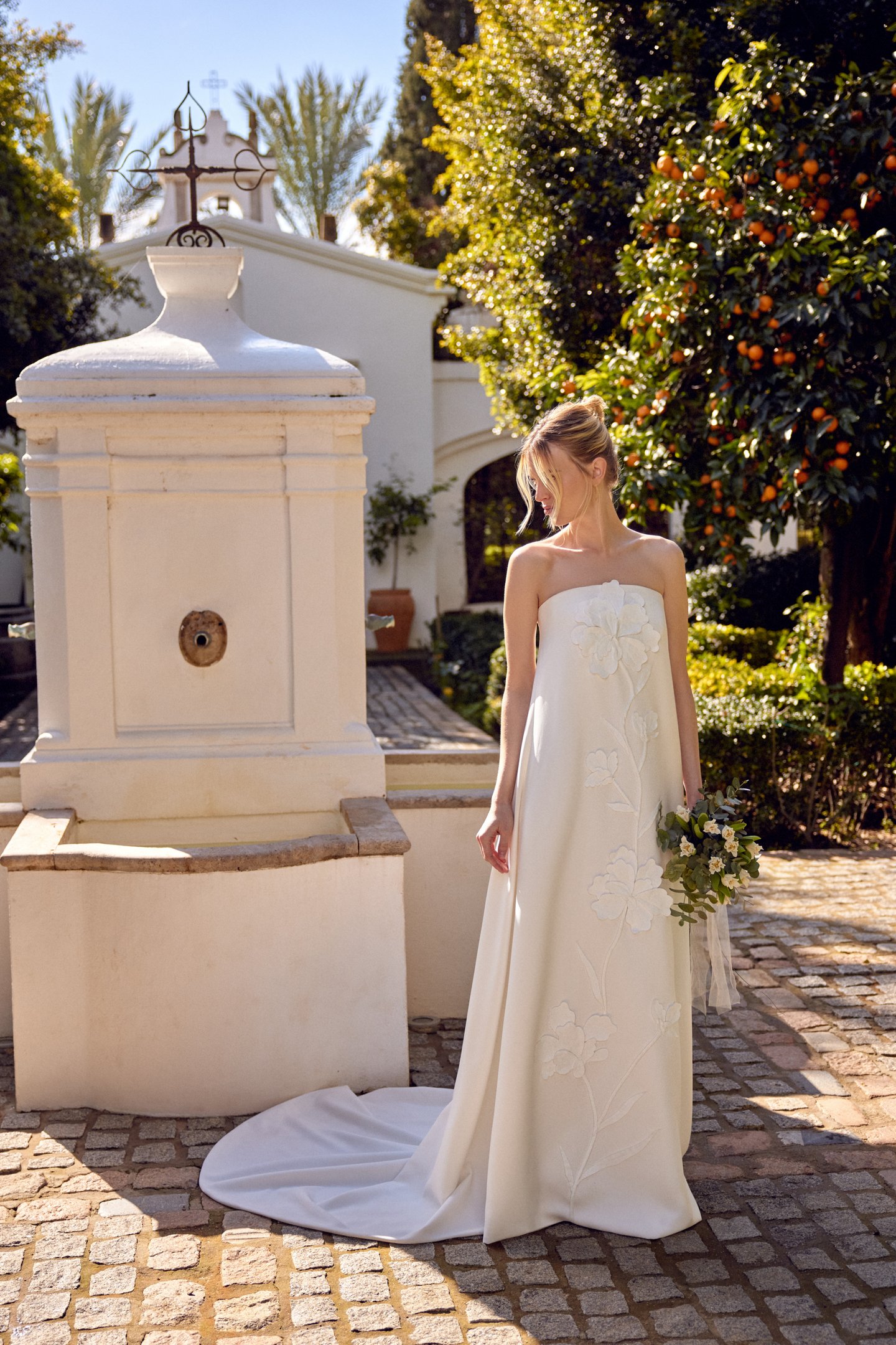 Lillian West Style 66410 Crepe Strapless Shift Gown with Straight Neckline and 3D Floral Detail