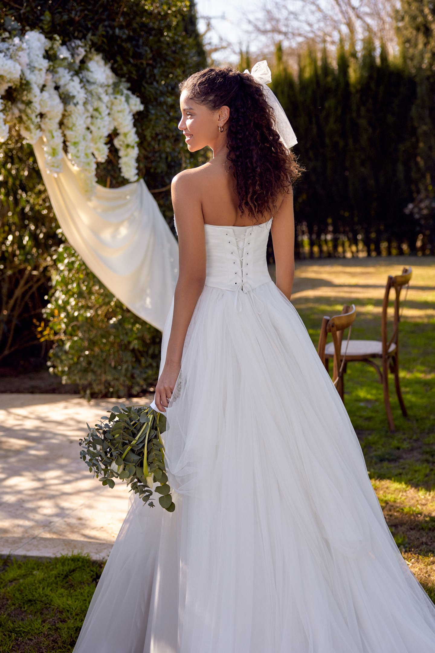Lillian West Style 66411 English Net A-Line Gown with 3D Floral on Bodice and Basque Waistline